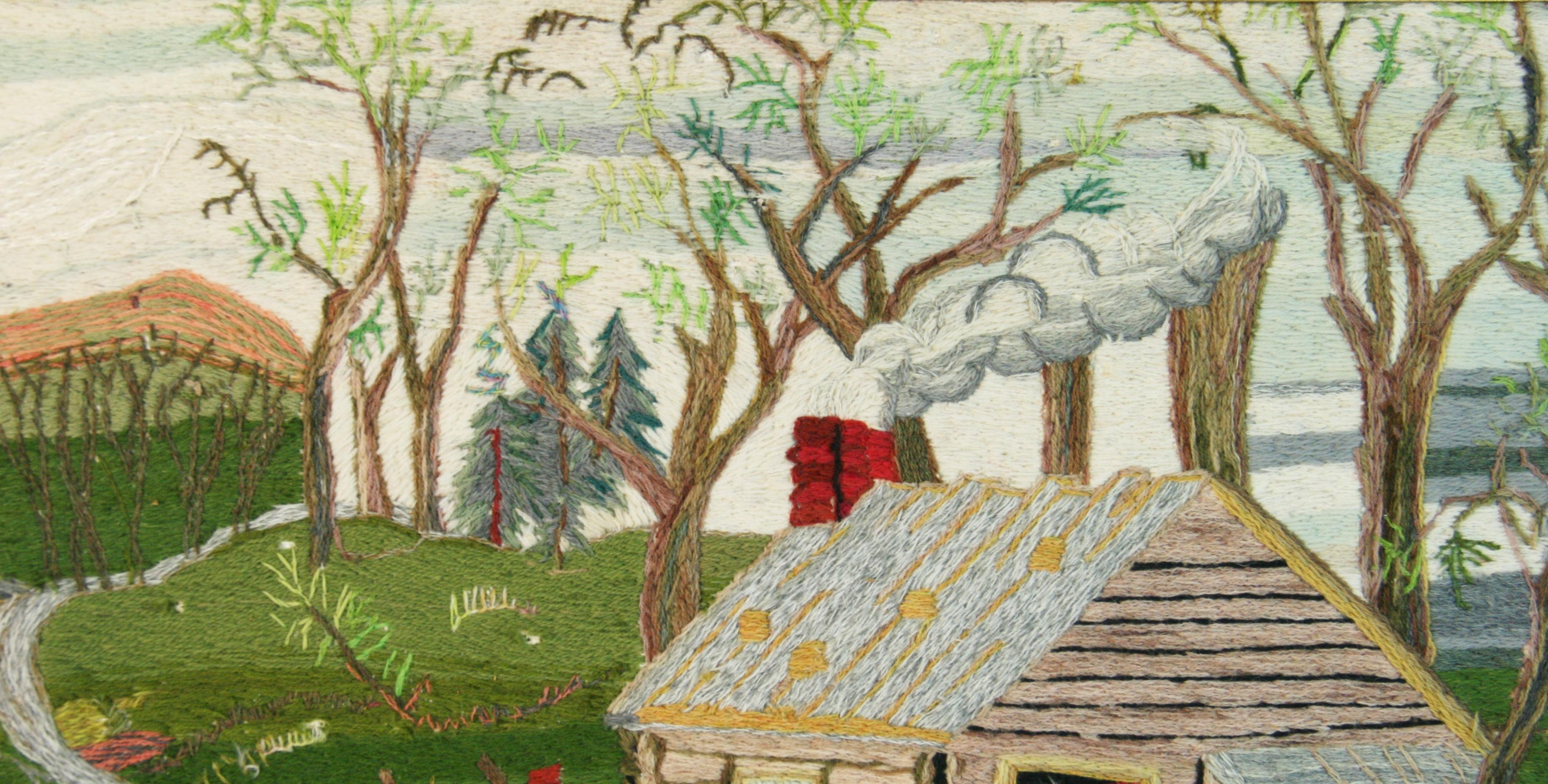 Tenture brodée d'art populaire américain a Home in the Wilderness, 1963 en vente 1