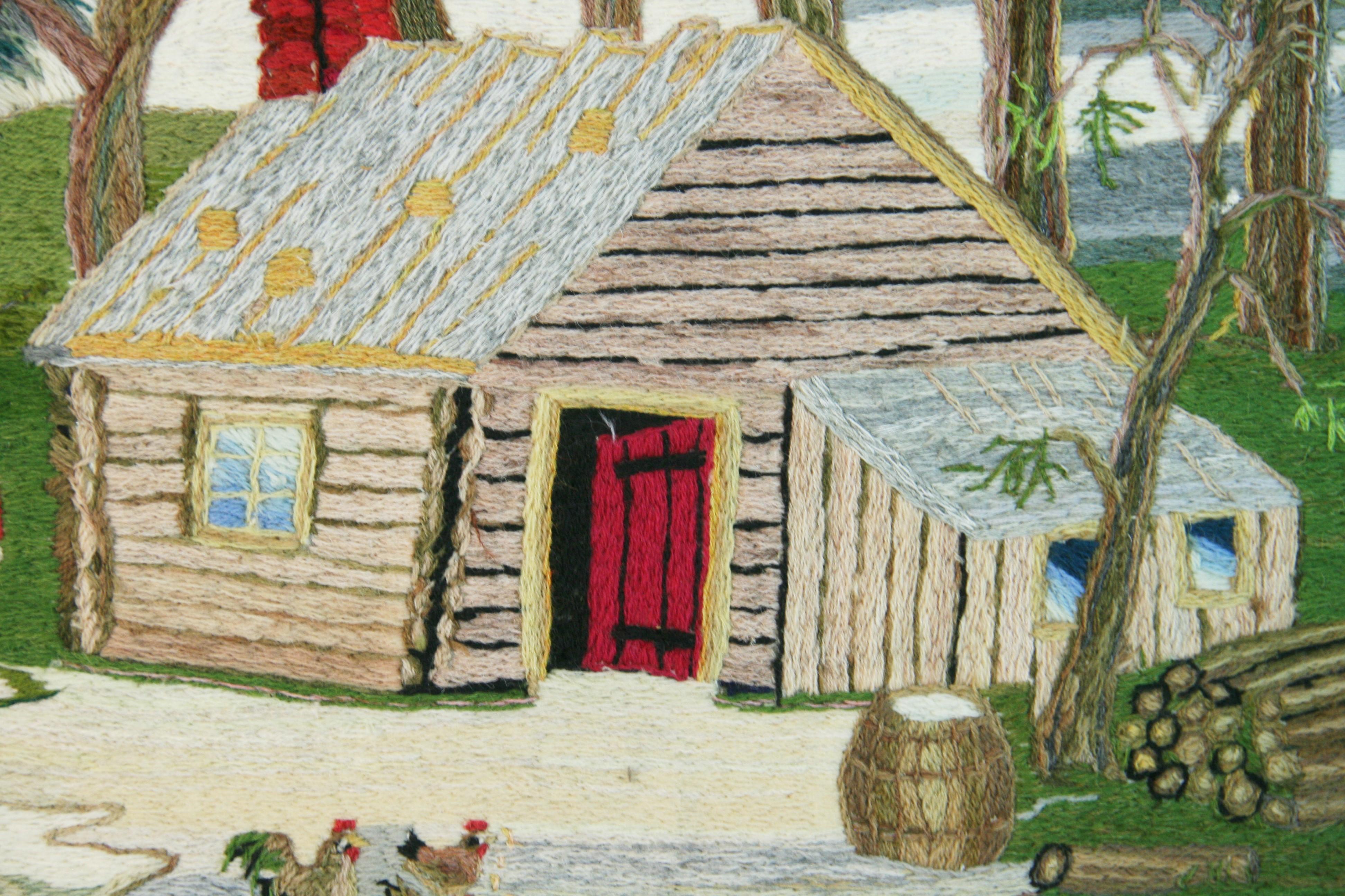 Tenture brodée d'art populaire américain a Home in the Wilderness, 1963 en vente 2