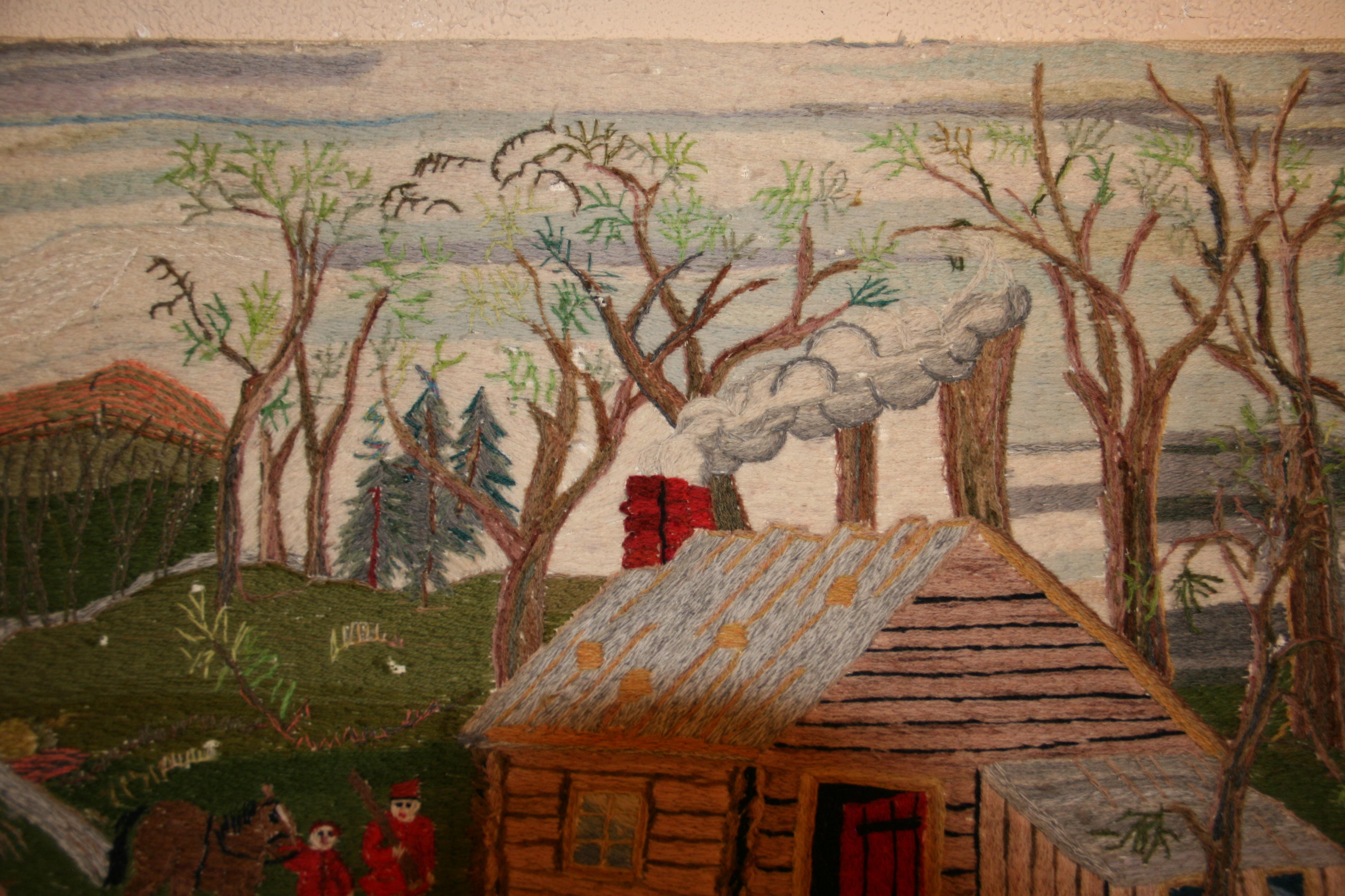 Folk Art American Embroidered Wall Hanging a Home in the Wilderness, 1963 For Sale 3