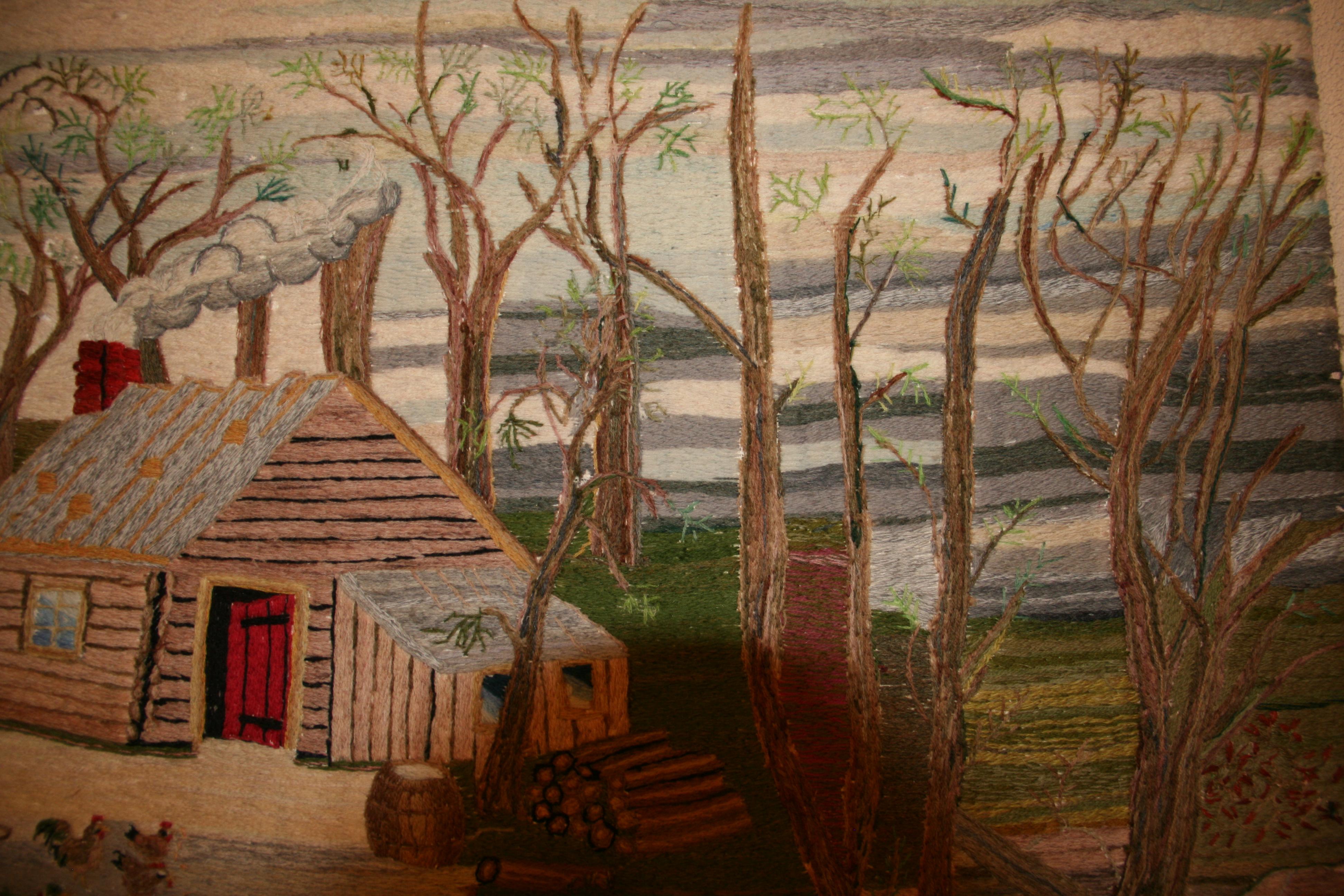 Folk Art American Embroidered Wall Hanging a Home in the Wilderness, 1963 For Sale 4