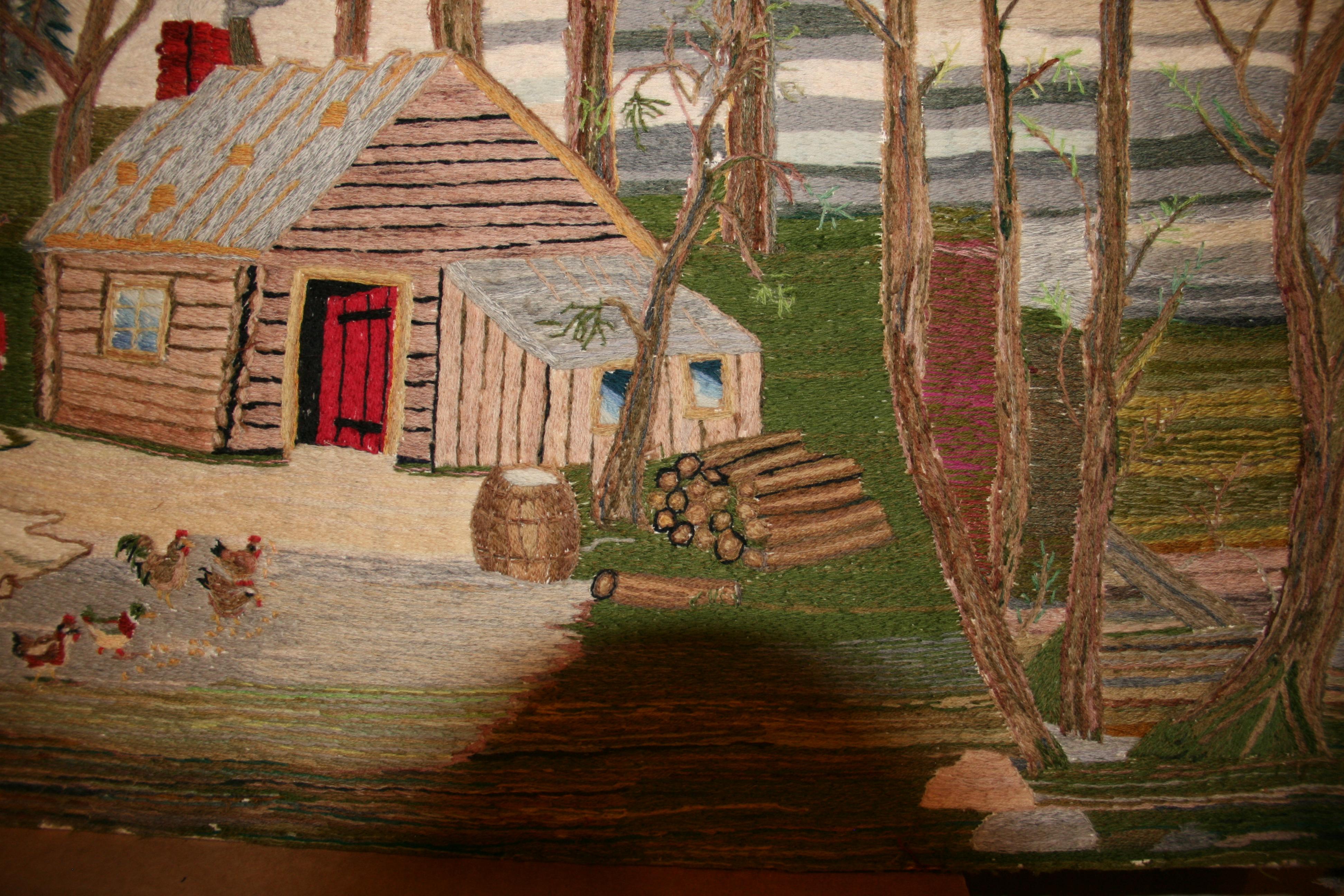 Folk Art American Embroidered Wall Hanging a Home in the Wilderness, 1963 For Sale 6