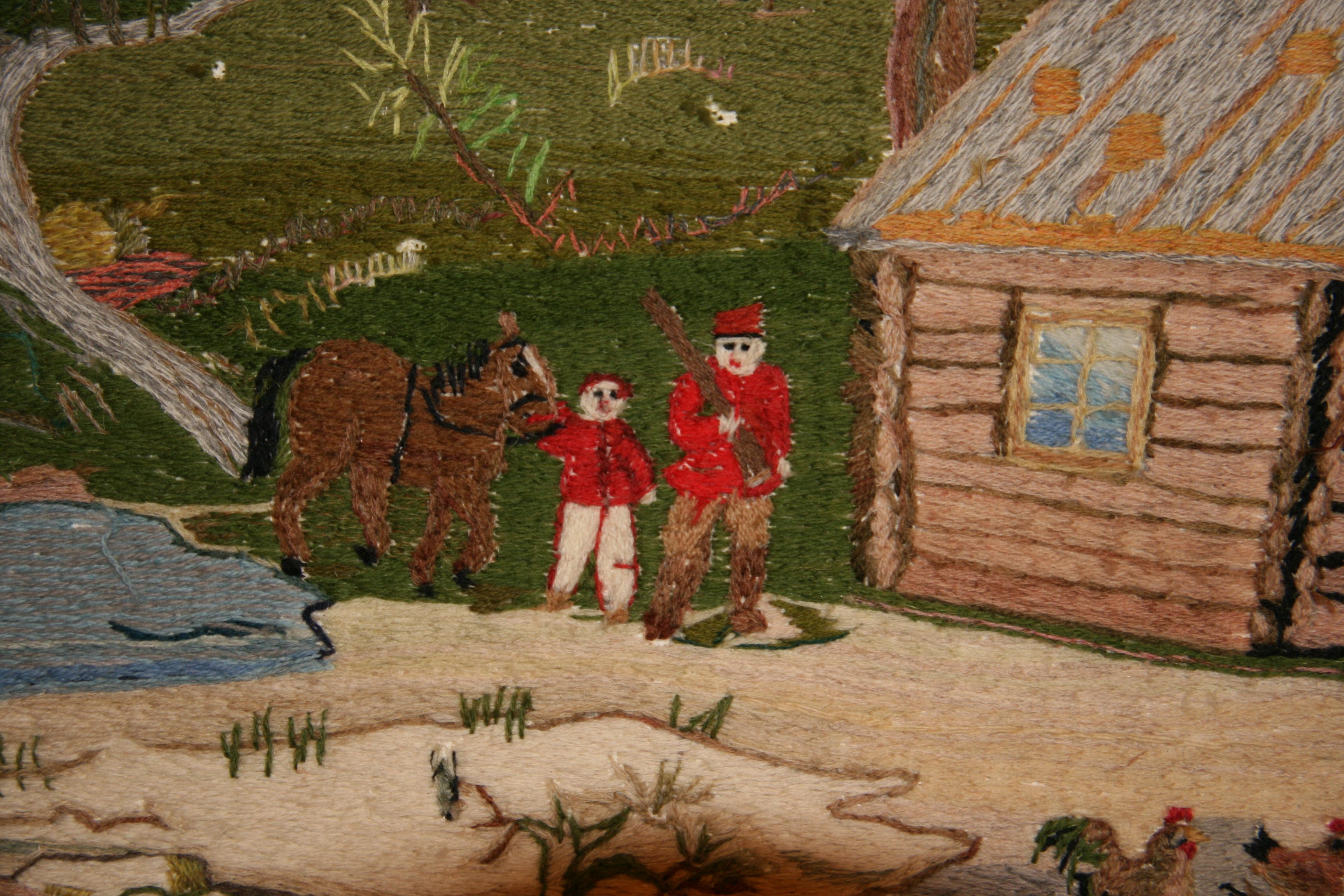 Folk Art American Embroidered Wall Hanging a Home in the Wilderness, 1963 For Sale 8
