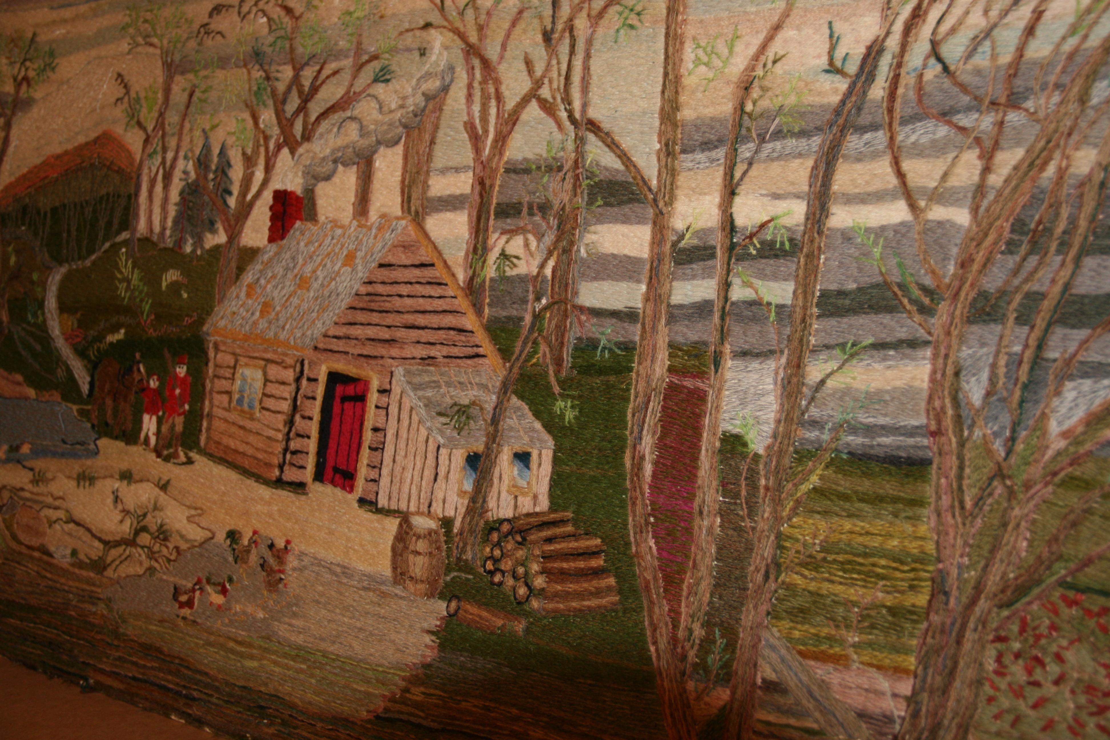 Folk Art American Embroidered Wall Hanging a Home in the Wilderness, 1963 For Sale 9