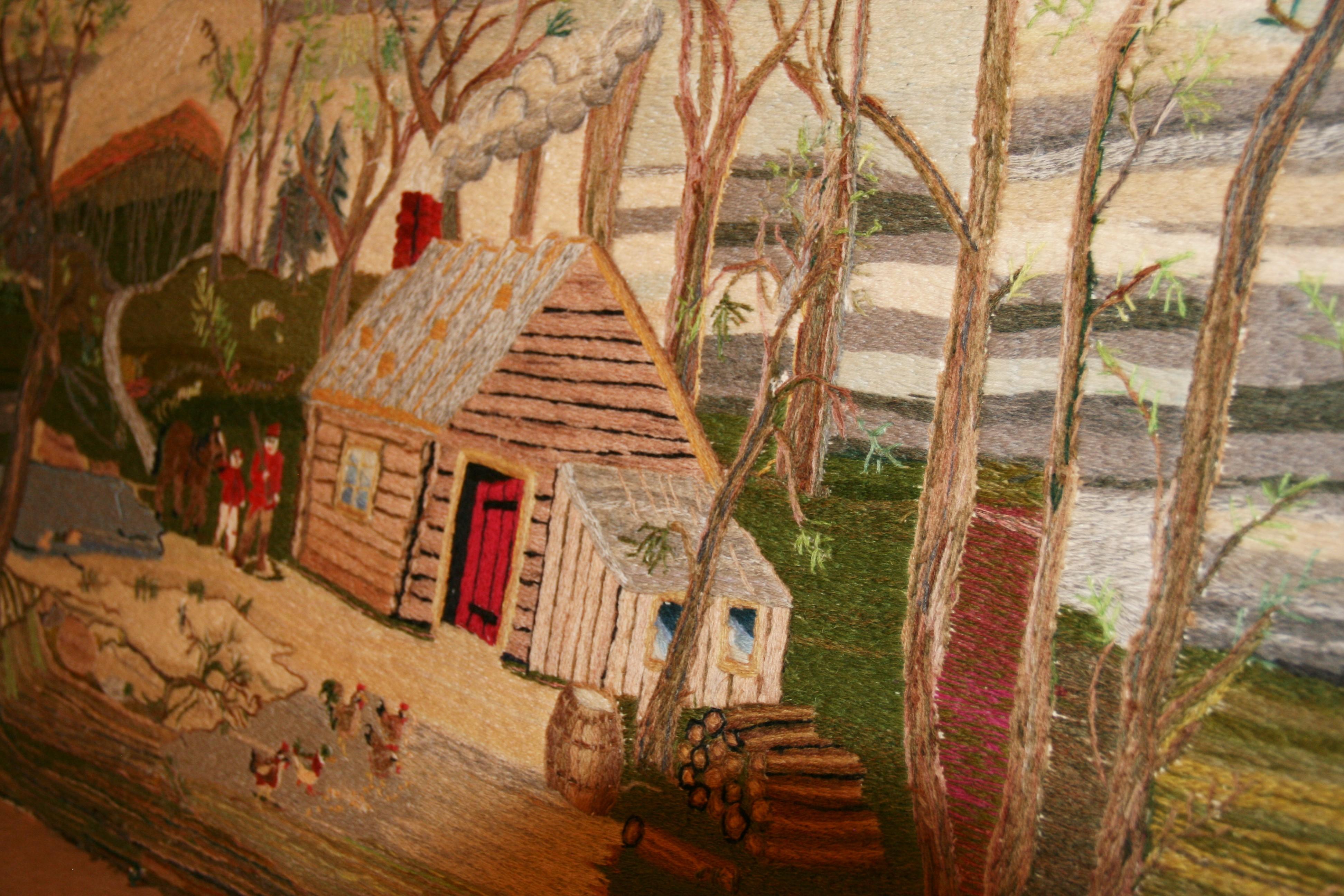 Folk Art American Embroidered Wall Hanging a Home in the Wilderness, 1963 For Sale 10