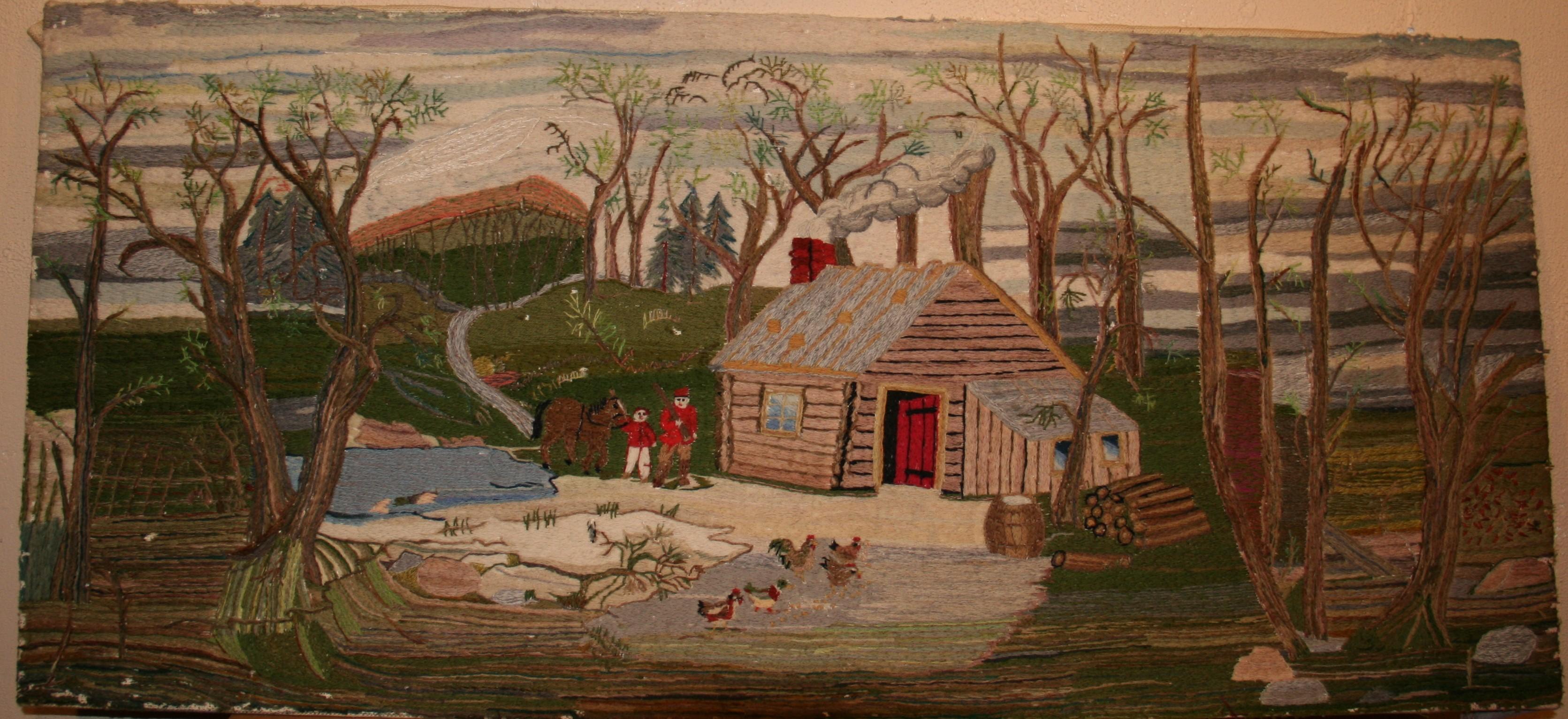 3-1029 Embroidered Folk Art wall hanging applied to wood board.
A home in the wilderness signed by the maker.