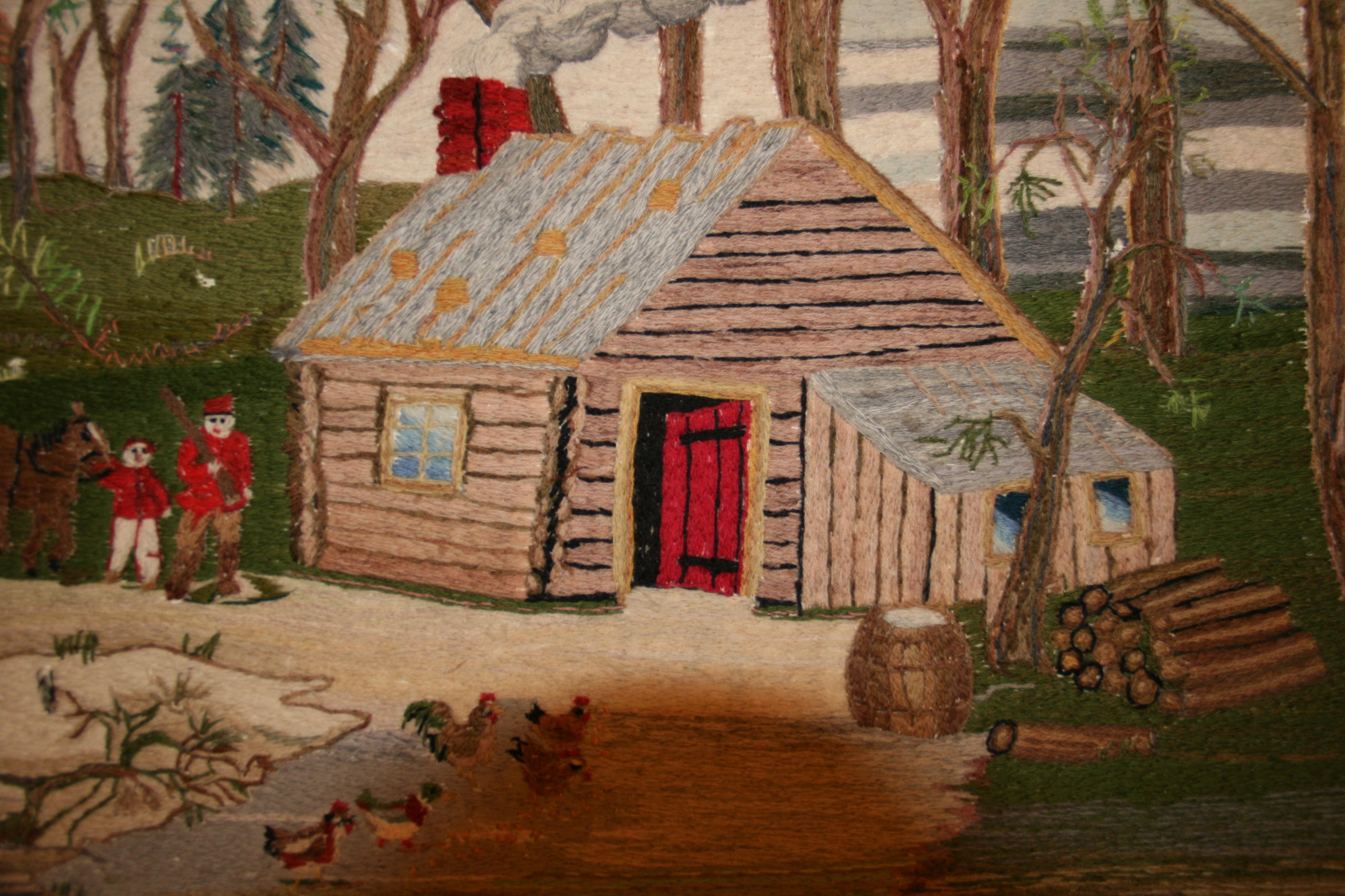 Folk Art American Embroidered Wall Hanging a Home in the Wilderness, 1963 For Sale 2