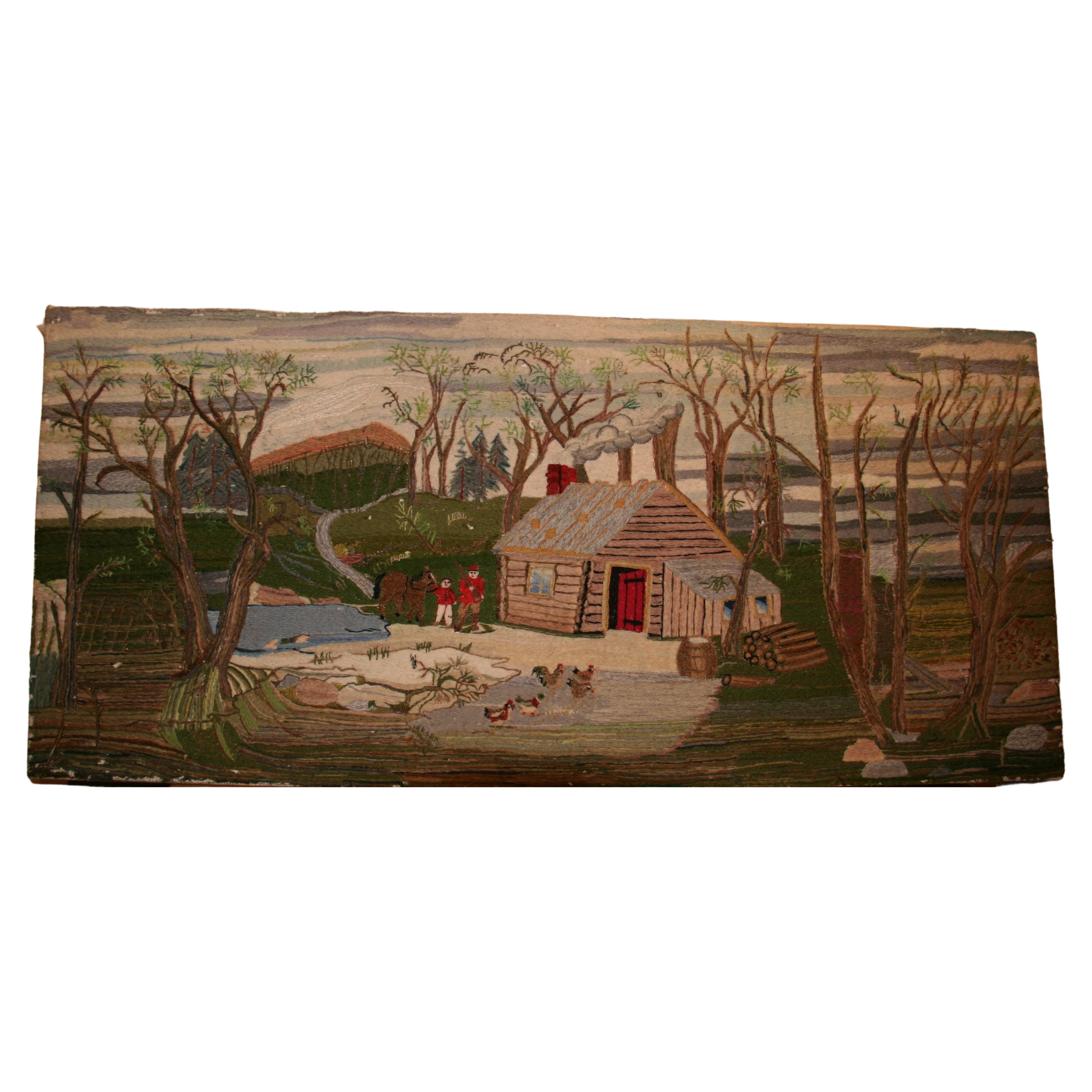 Folk Art American Embroidered Wall Hanging a Home in the Wilderness, 1963 For Sale