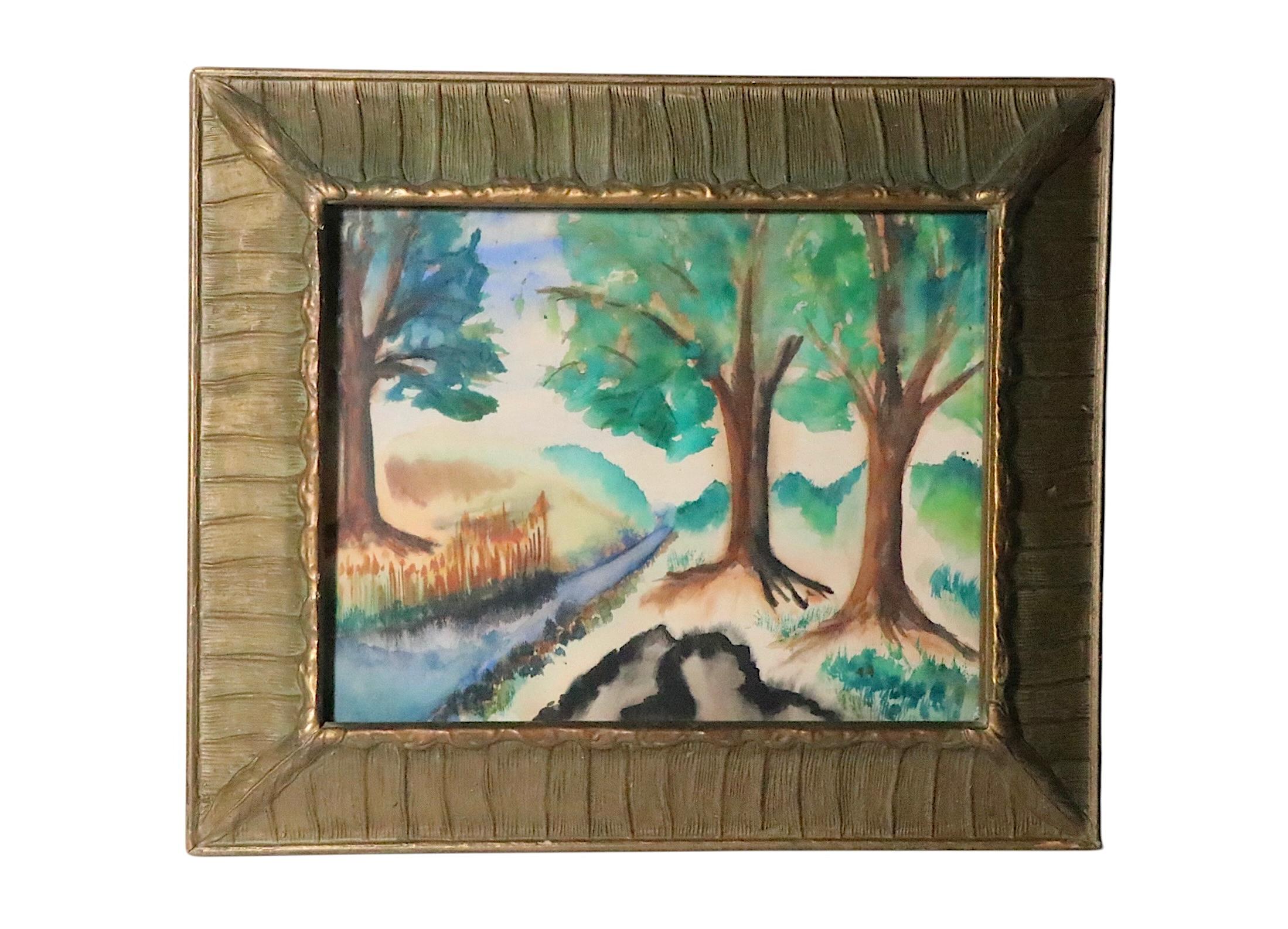 Paesaggio ad acquerello Folk Art Arts and Crafts con cornice dorata del 1900/30 anni fa in vendita 4