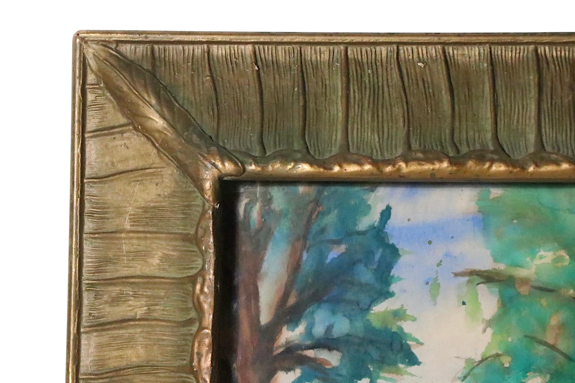 Paesaggio ad acquerello Folk Art Arts and Crafts con cornice dorata del 1900/30 anni fa in vendita 5