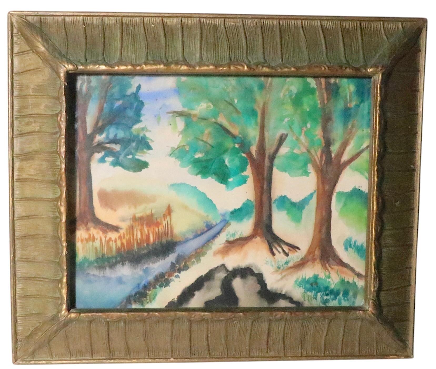 Paesaggio ad acquerello Folk Art Arts and Crafts con cornice dorata del 1900/30 anni fa in vendita 6