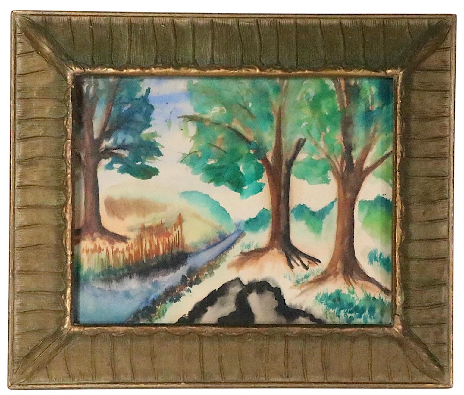 Paesaggio ad acquerello Folk Art Arts and Crafts con cornice dorata del 1900/30 anni fa in vendita 7