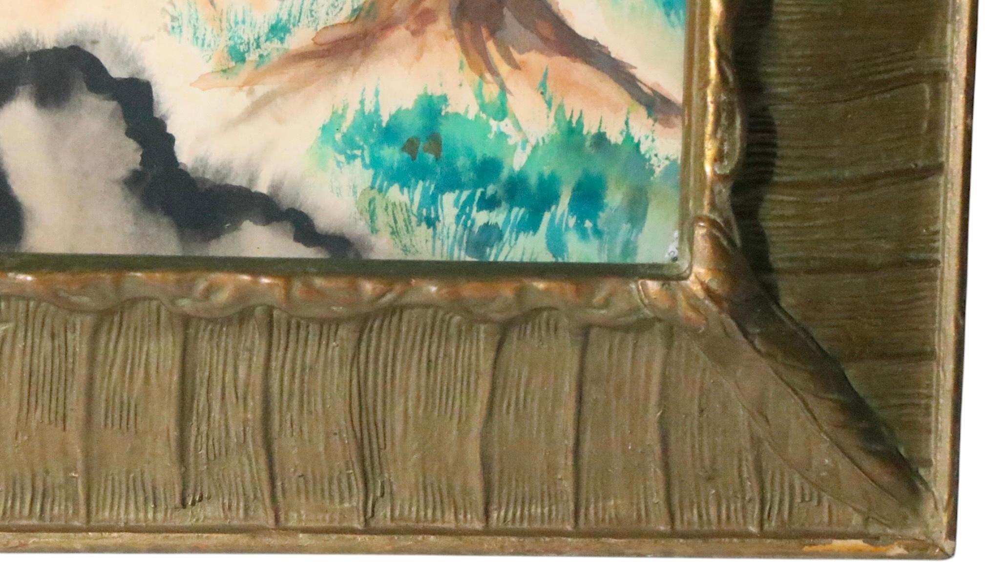 Affascinante paesaggio ad acquerello d'epoca Arts and Crafts in cornice originale in legno dorato. 
 La cornice ricorda i classici lavori di Newcomb Macklin e Foster Brothers, sia la cornice che il dipinto non sono firmati. 
 Questo esemplare è in