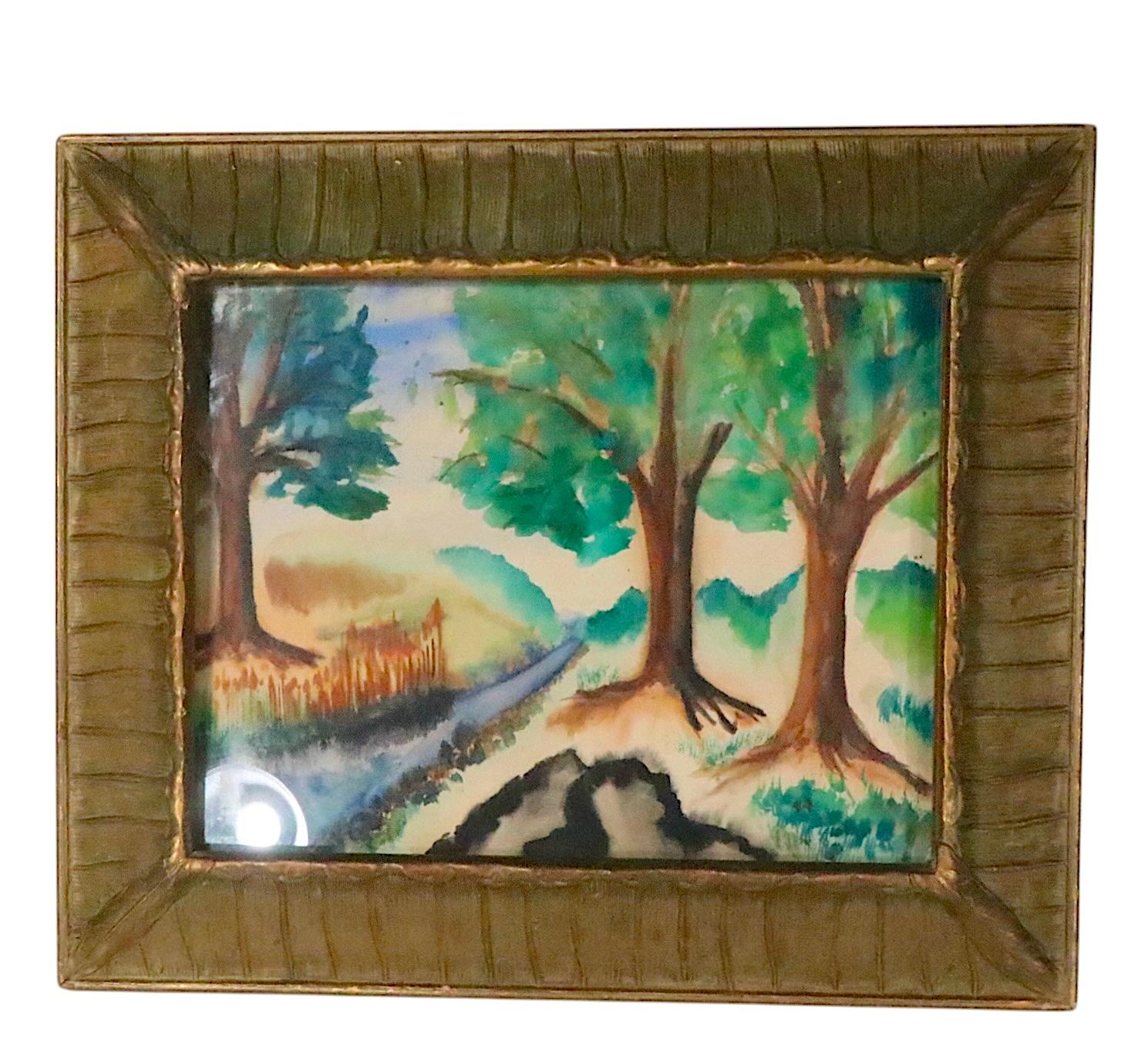 Americano Paesaggio ad acquerello Folk Art Arts and Crafts con cornice dorata del 1900/30 anni fa in vendita