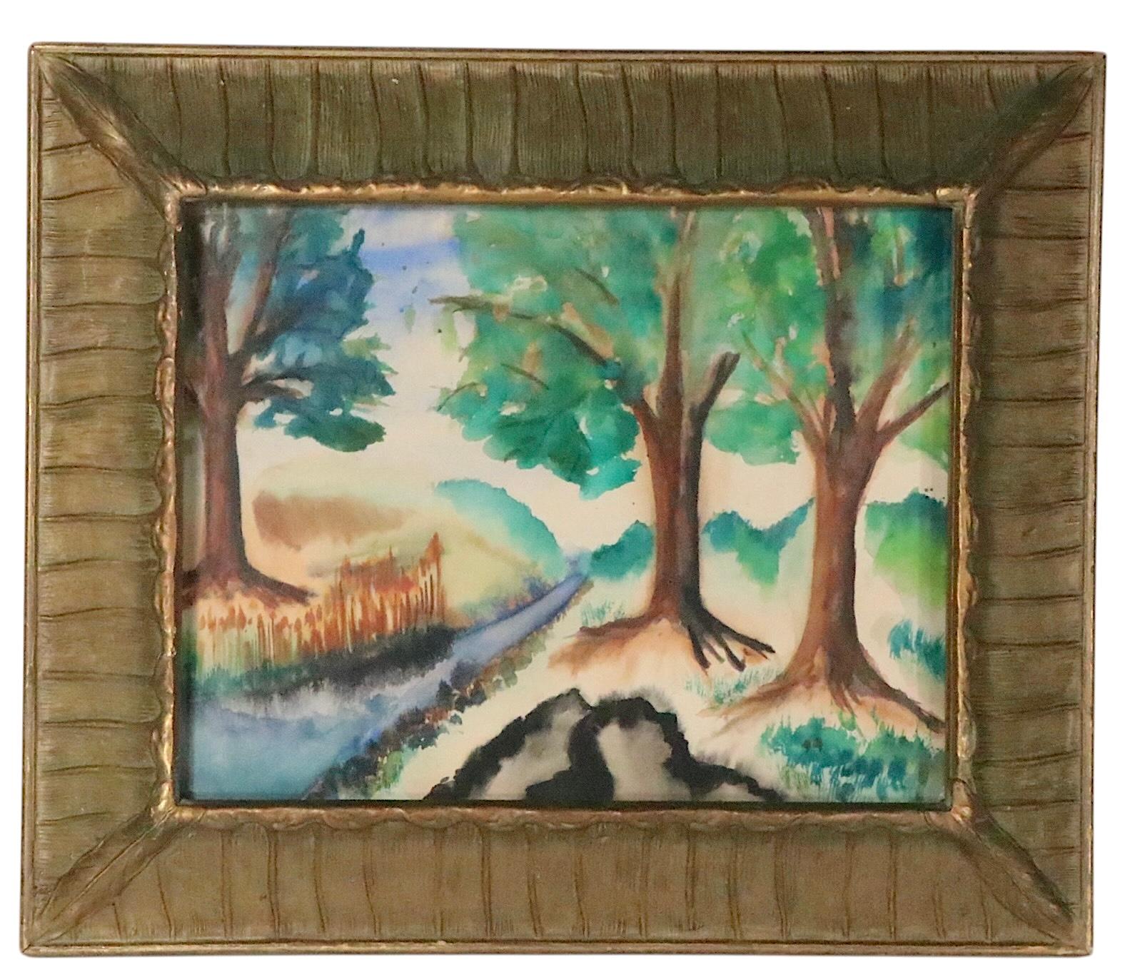 Paesaggio ad acquerello Folk Art Arts and Crafts con cornice dorata del 1900/30 anni fa In condizioni buone in vendita a New York, NY