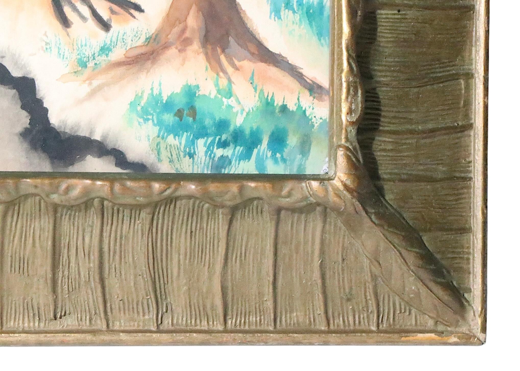 XX secolo Paesaggio ad acquerello Folk Art Arts and Crafts con cornice dorata del 1900/30 anni fa in vendita