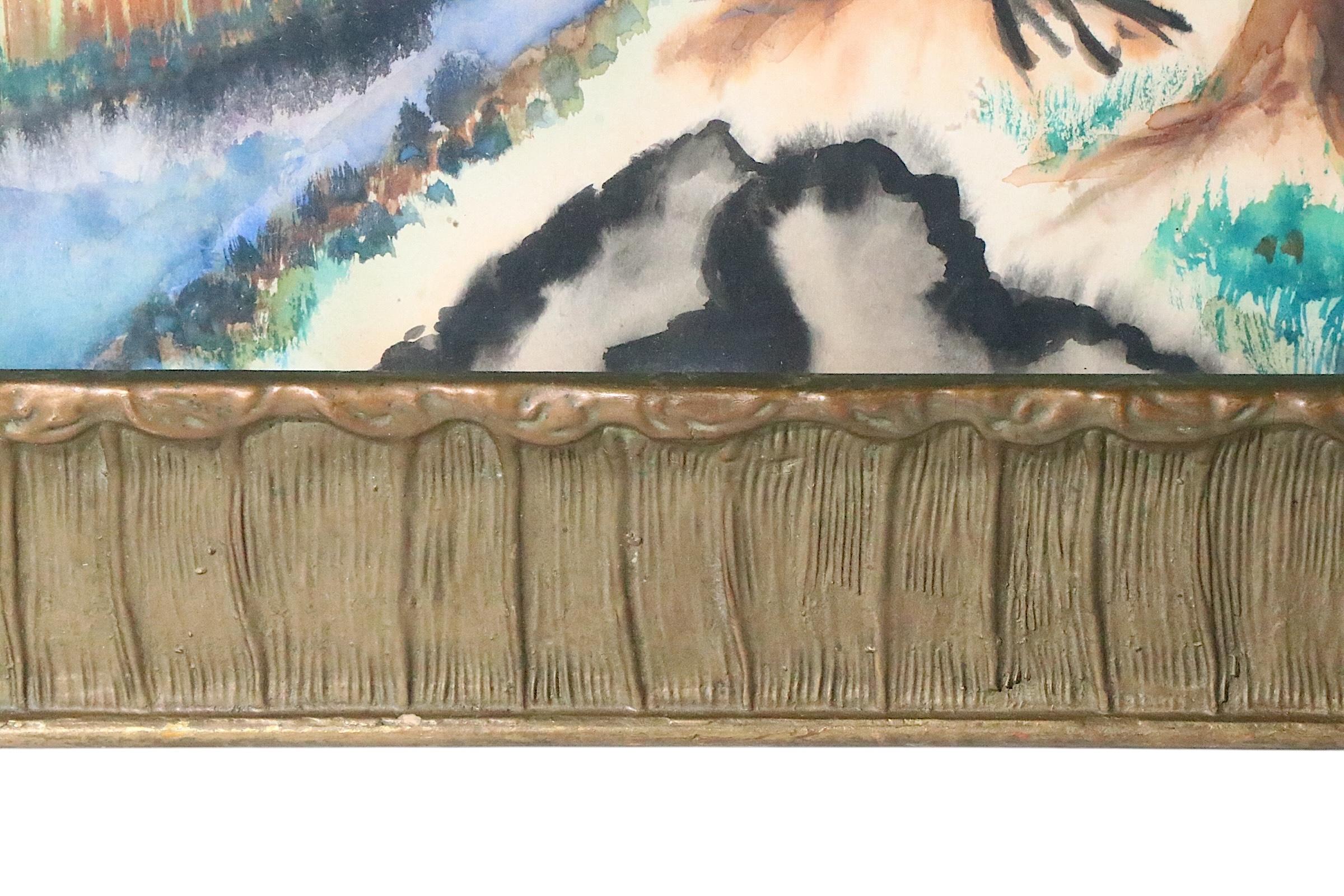 Vetro Paesaggio ad acquerello Folk Art Arts and Crafts con cornice dorata del 1900/30 anni fa in vendita