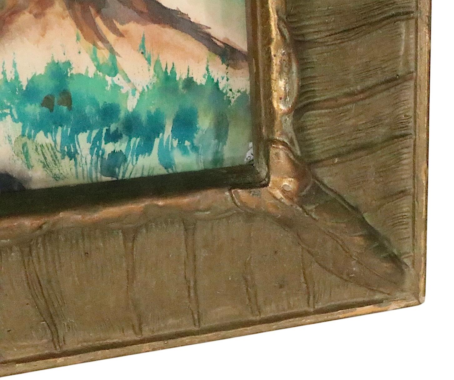 Paesaggio ad acquerello Folk Art Arts and Crafts con cornice dorata del 1900/30 anni fa in vendita 1