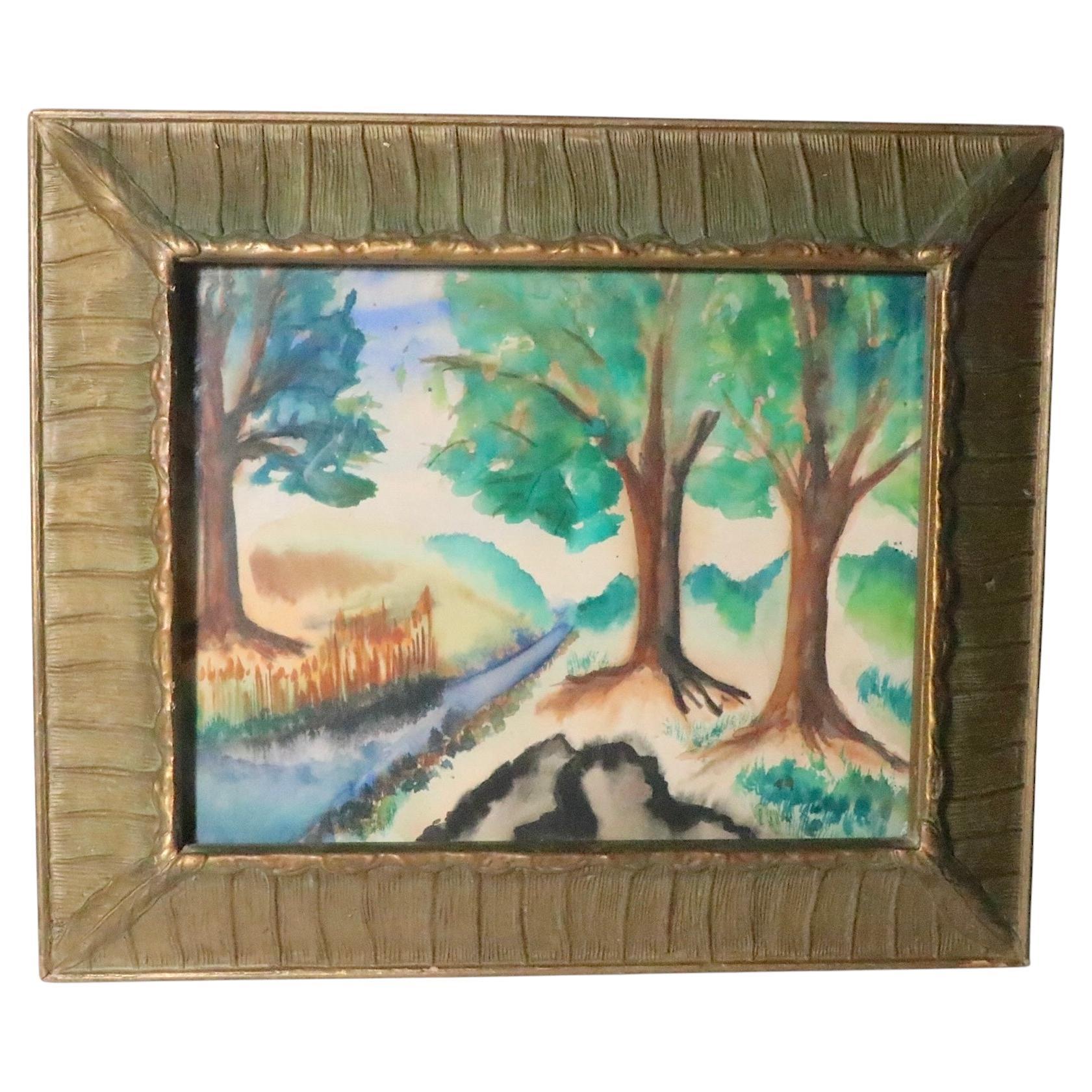 Folk Art Arts and Crafts Watercolor Landscape in Gold Gilt Frame c. 1900/30's