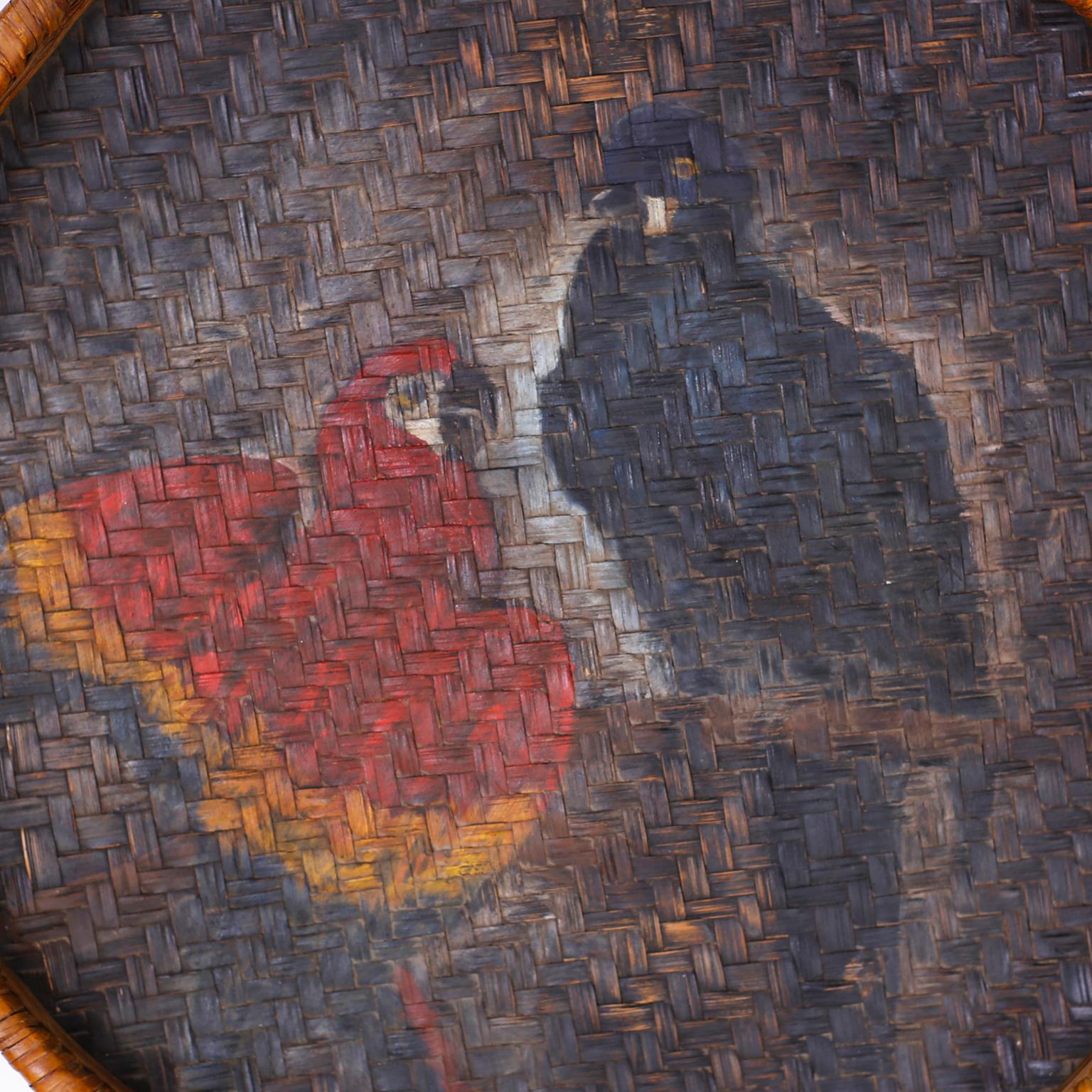 American Folk Art Basket or Wall Hanging with Painted Parrots