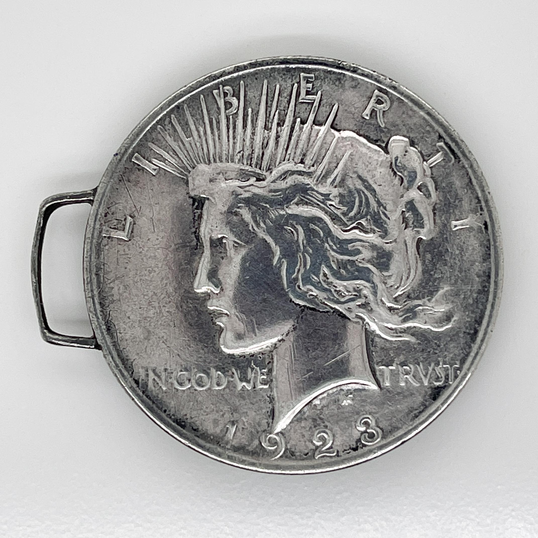 Folk-Art-Gürtelschnalle aus 2 antiken Liberty Peace Silber-Dollarmünzen im Angebot 9