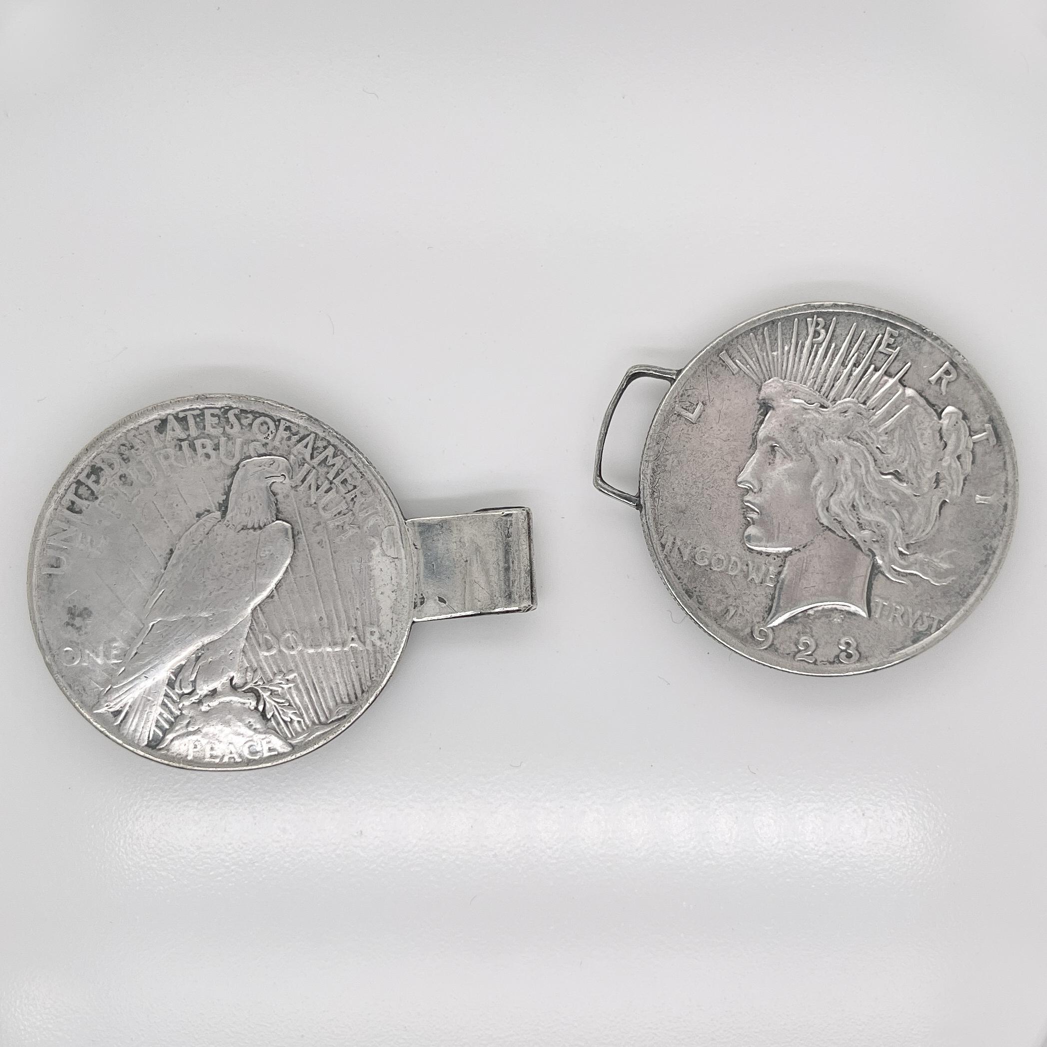 Folk-Art-Gürtelschnalle aus 2 antiken Liberty Peace Silber-Dollarmünzen im Angebot 1