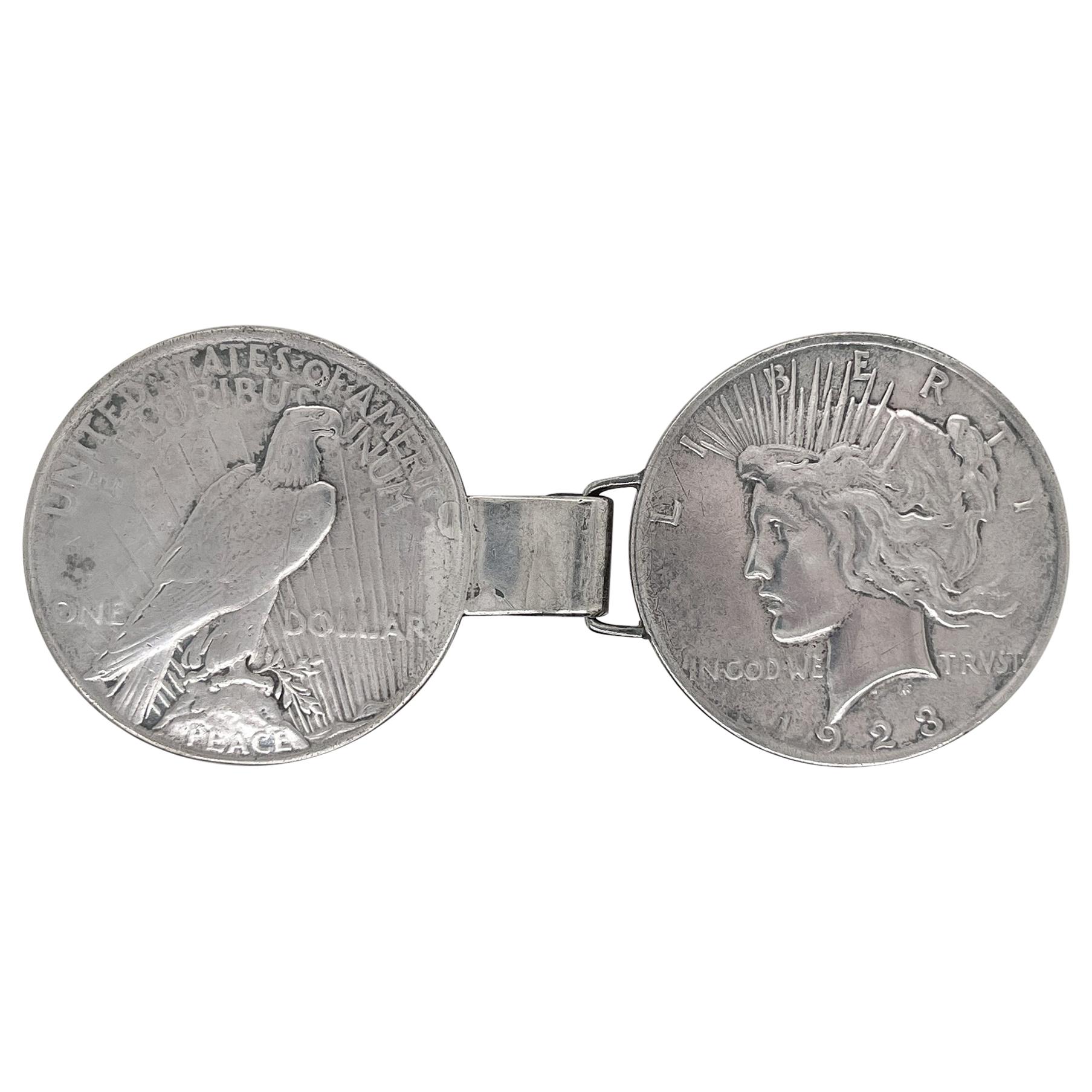 Folk Art Belt Buckle Made of 2 Antique Liberty Peace Silver Dollar Coins