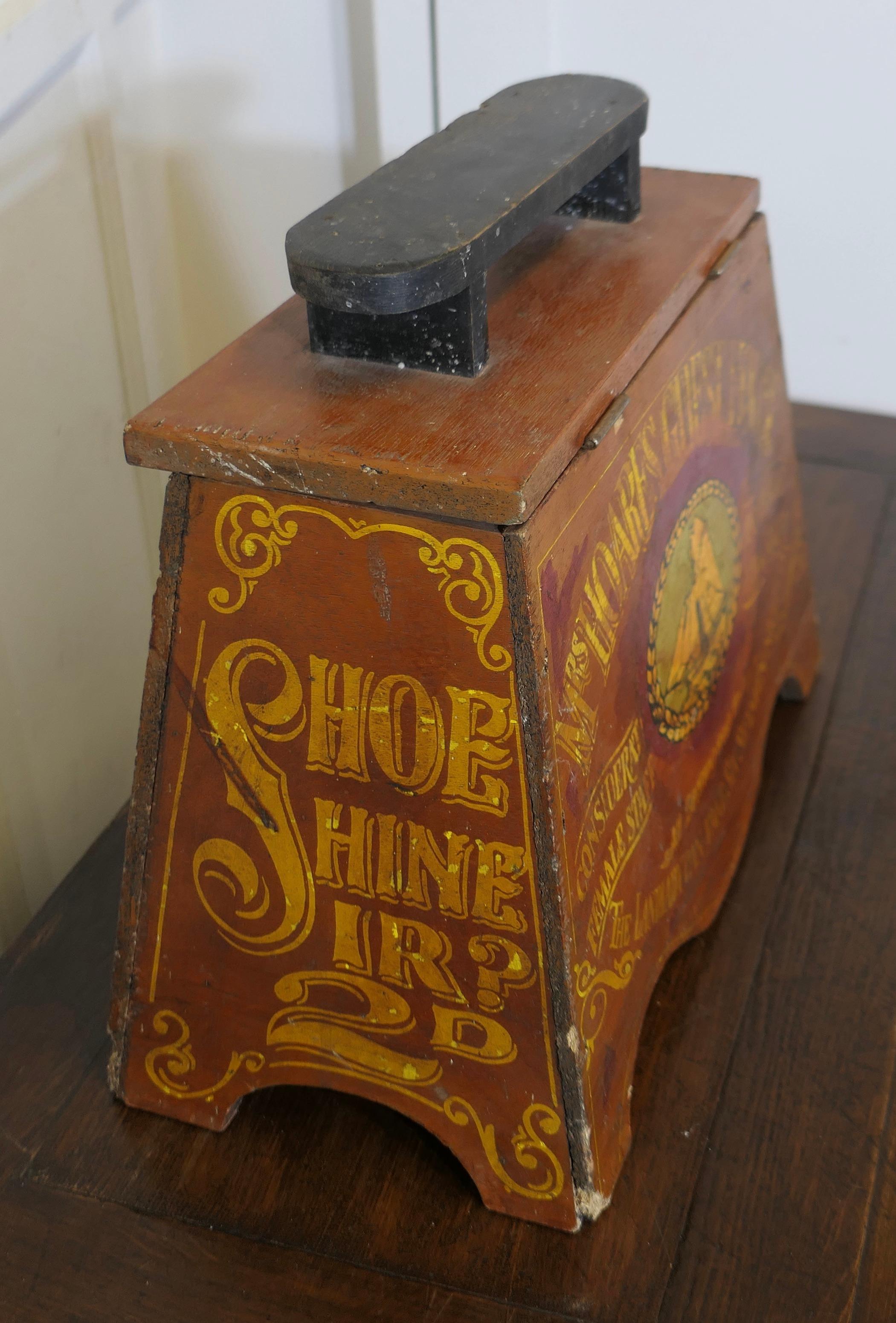 Pine Folk Art Boot and Shoe Cleaning Box with Foot Shaped Shoe Rest    For Sale
