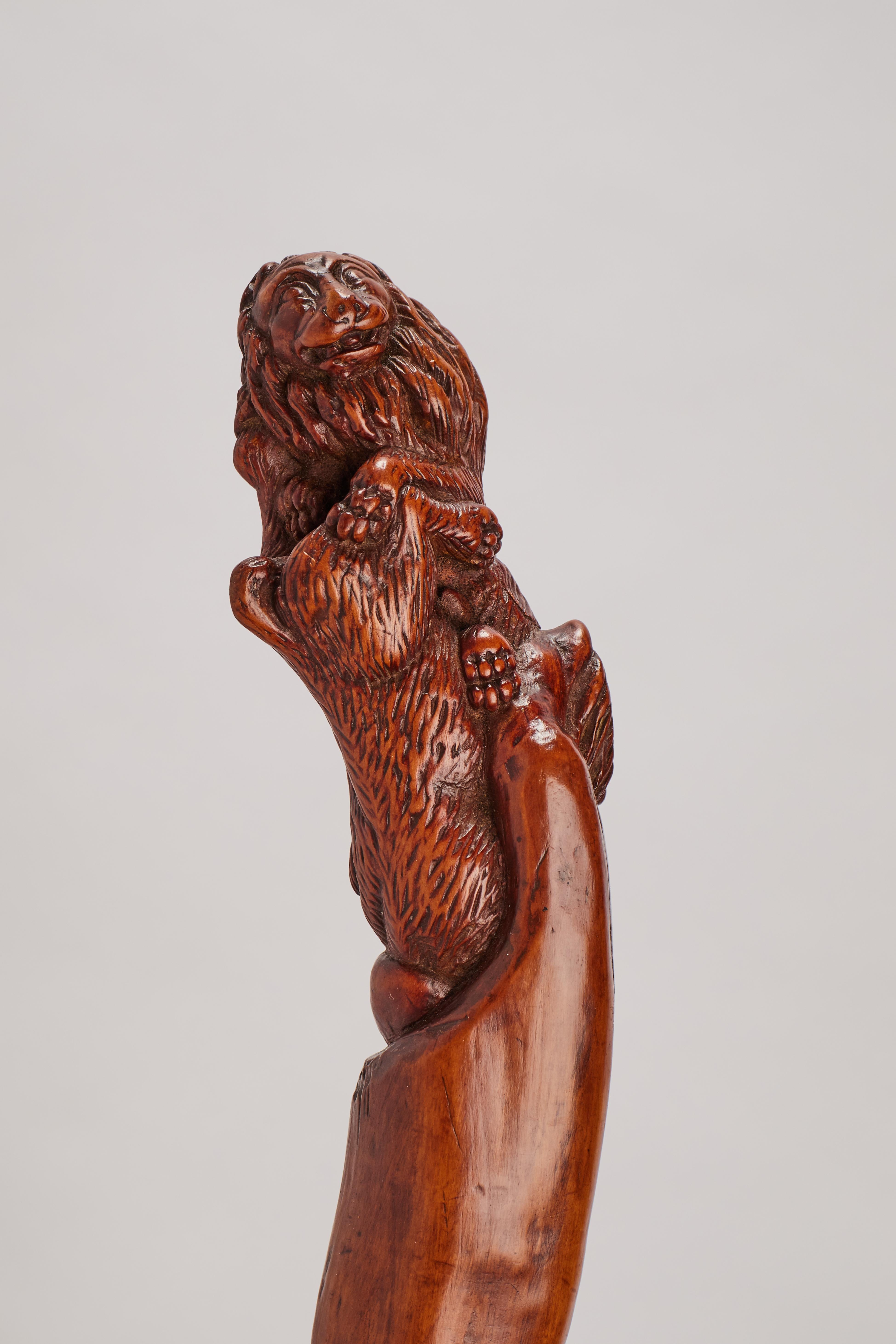Folk Art walking stick: one piece of boxwood branch follows the natural growth from various angles. Marked by a series of engravings with different subjects. The all-round grip represents a lion fight, below, in relief, a complex scene with a