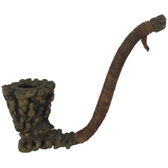 Vintage Folk Art Brutalist Brass and Leather Pipe