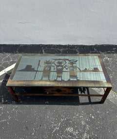 Folk Art Brutalist Aztec Figurative Style Southwestern Etched Coffee Table