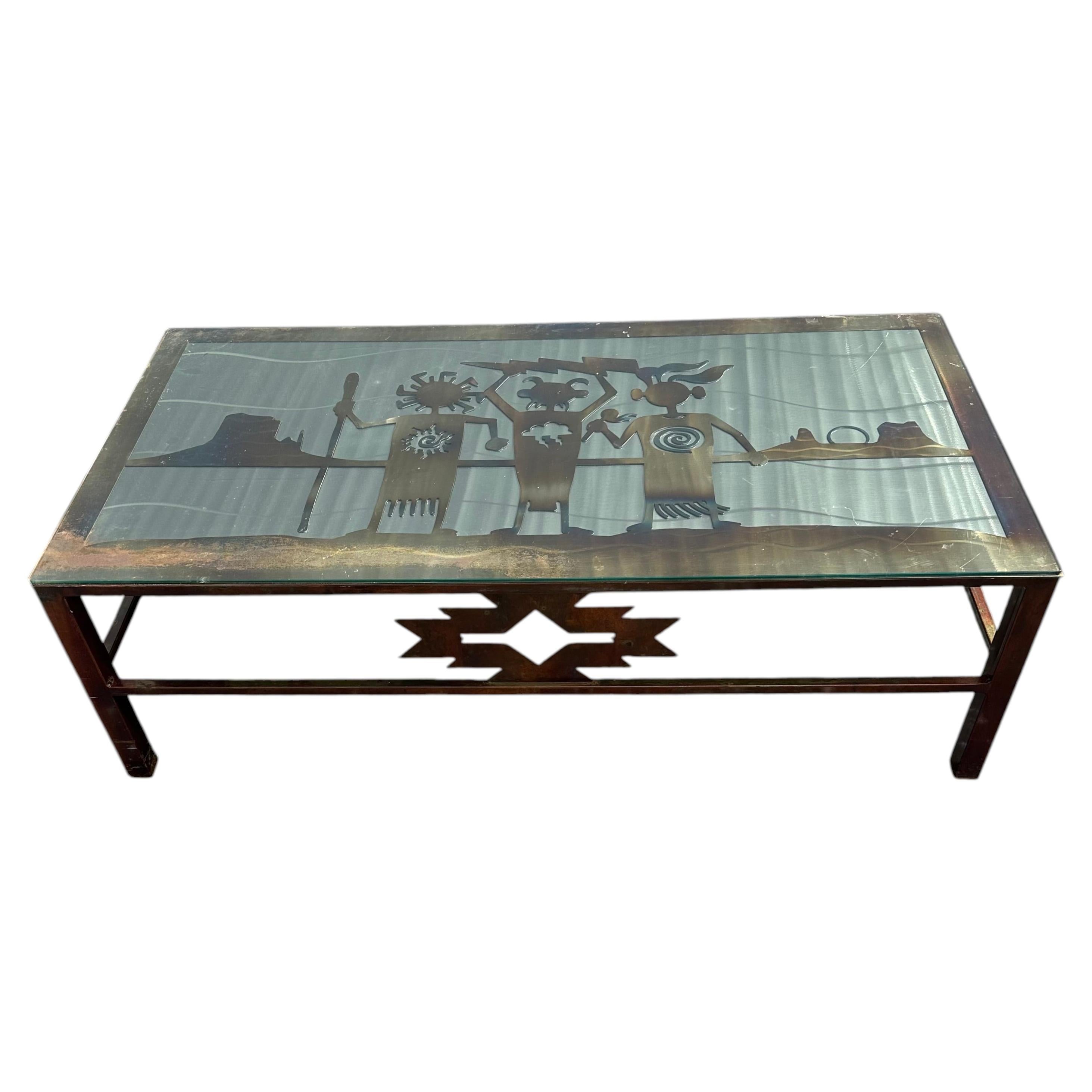 Folk Art Brutalist Aztec Figurative Style Southwestern Etched Coffee Table For Sale