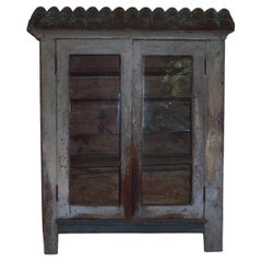 Folk Art Cabinet with Wonderful, Crazed Gray and Blue Paint and a Scalloped Top