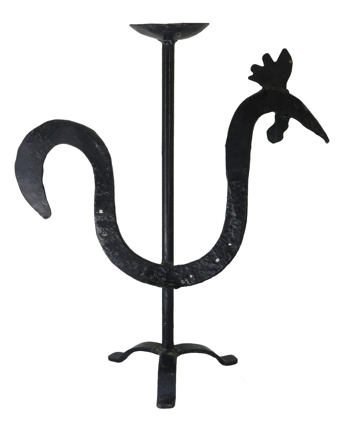 Painted Folk Art Candlestick French Cockerel Primitive Hand Forged Iron, circa 1920 For Sale