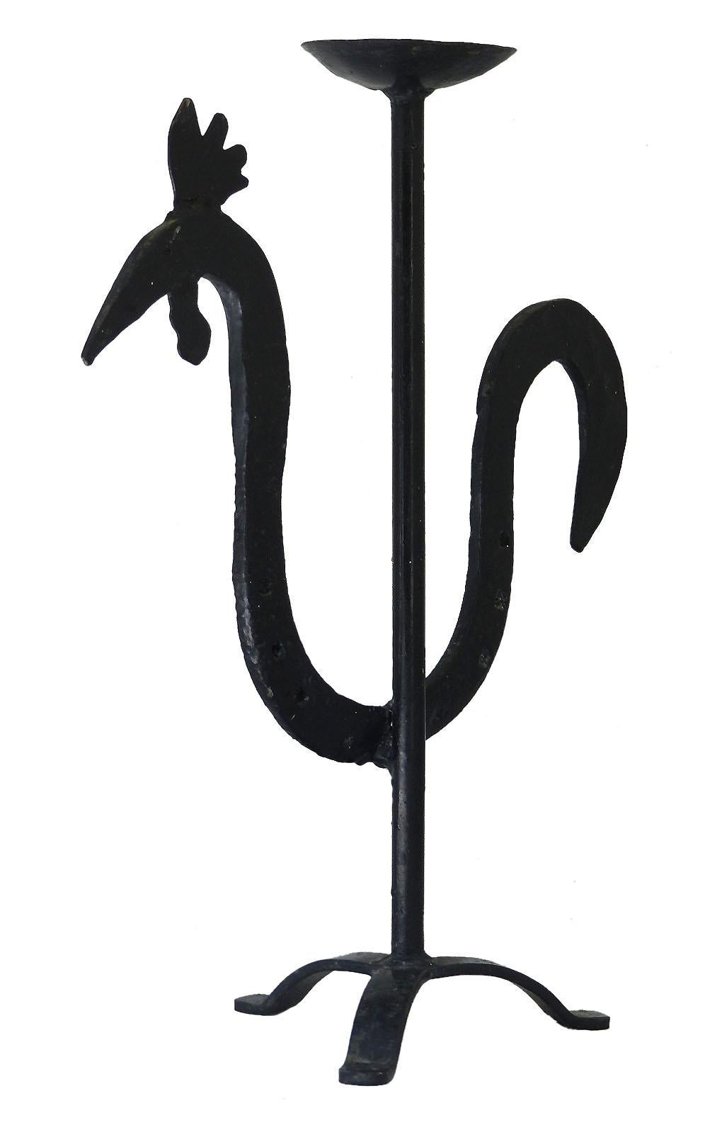 Folk Art Candlestick French Cockerel Primitive Hand Forged Iron, circa 1920 In Good Condition For Sale In Mimizan, FR