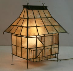 Folk Art Capiz Shell and Brass Cabin Shaped Table Lamp