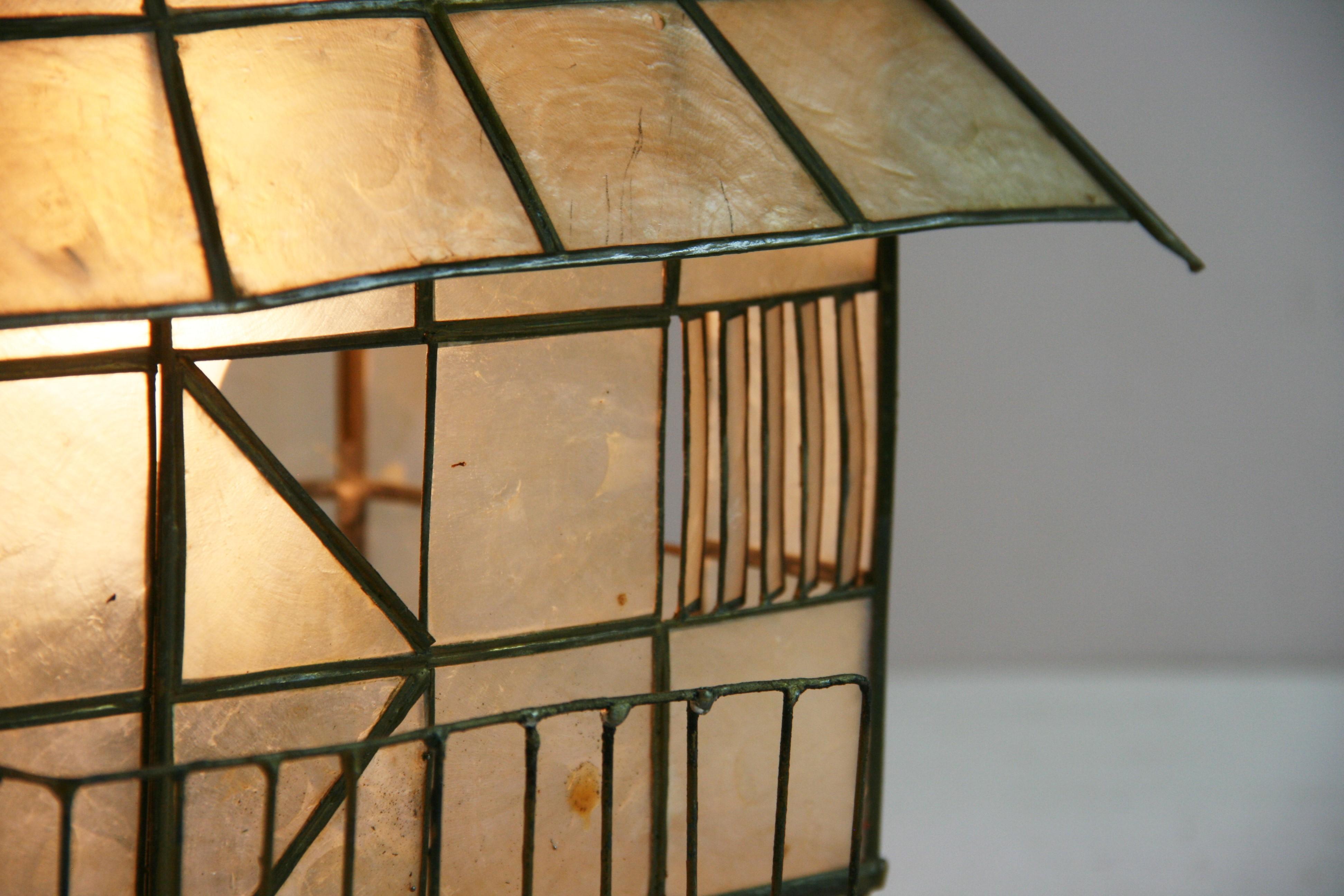 Mid-20th Century Folk Art Capiz Shell and Brass Cabin Shaped Table Lamp