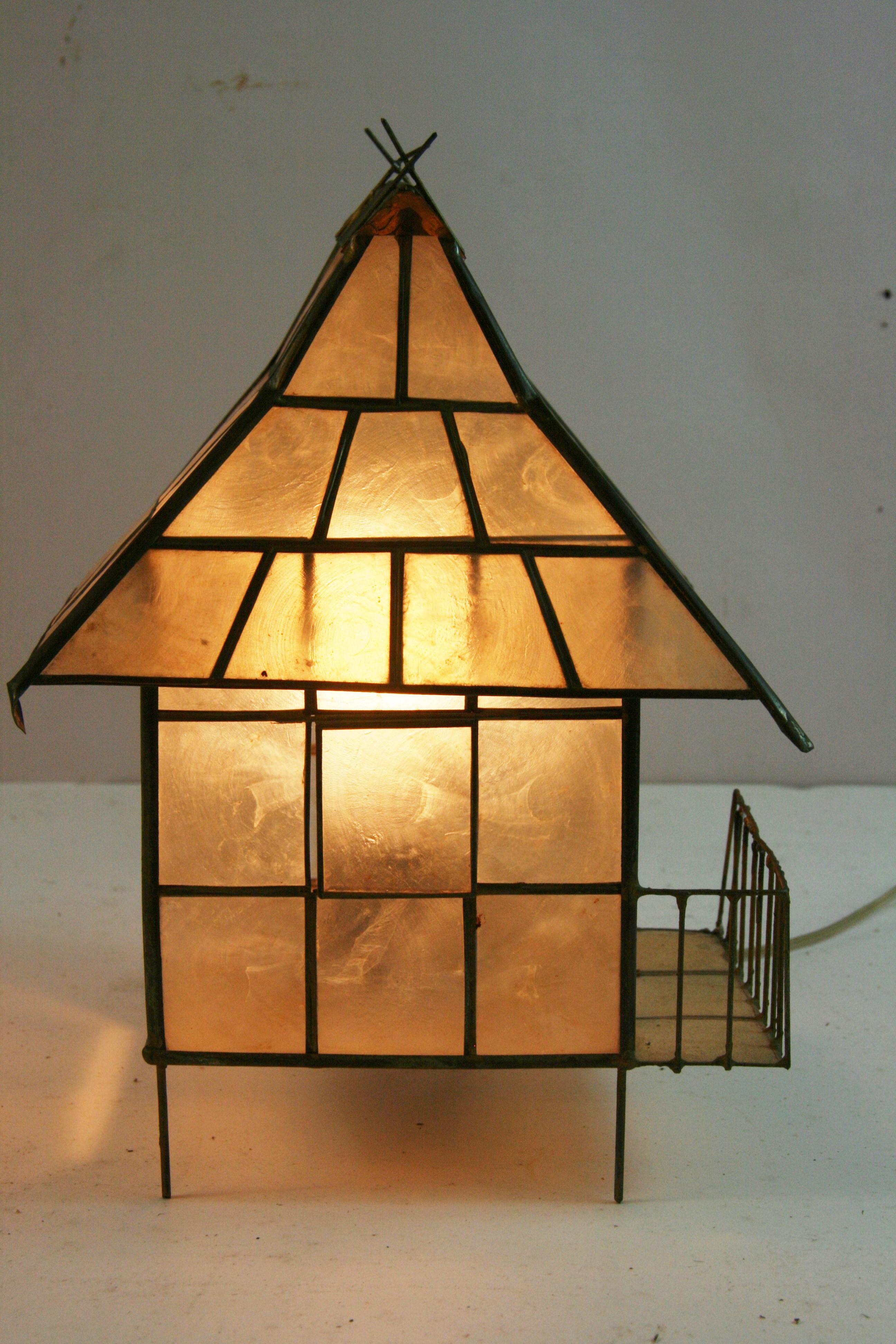 Folk Art Capiz Shell and Brass Cabin Shaped Table Lamp 1