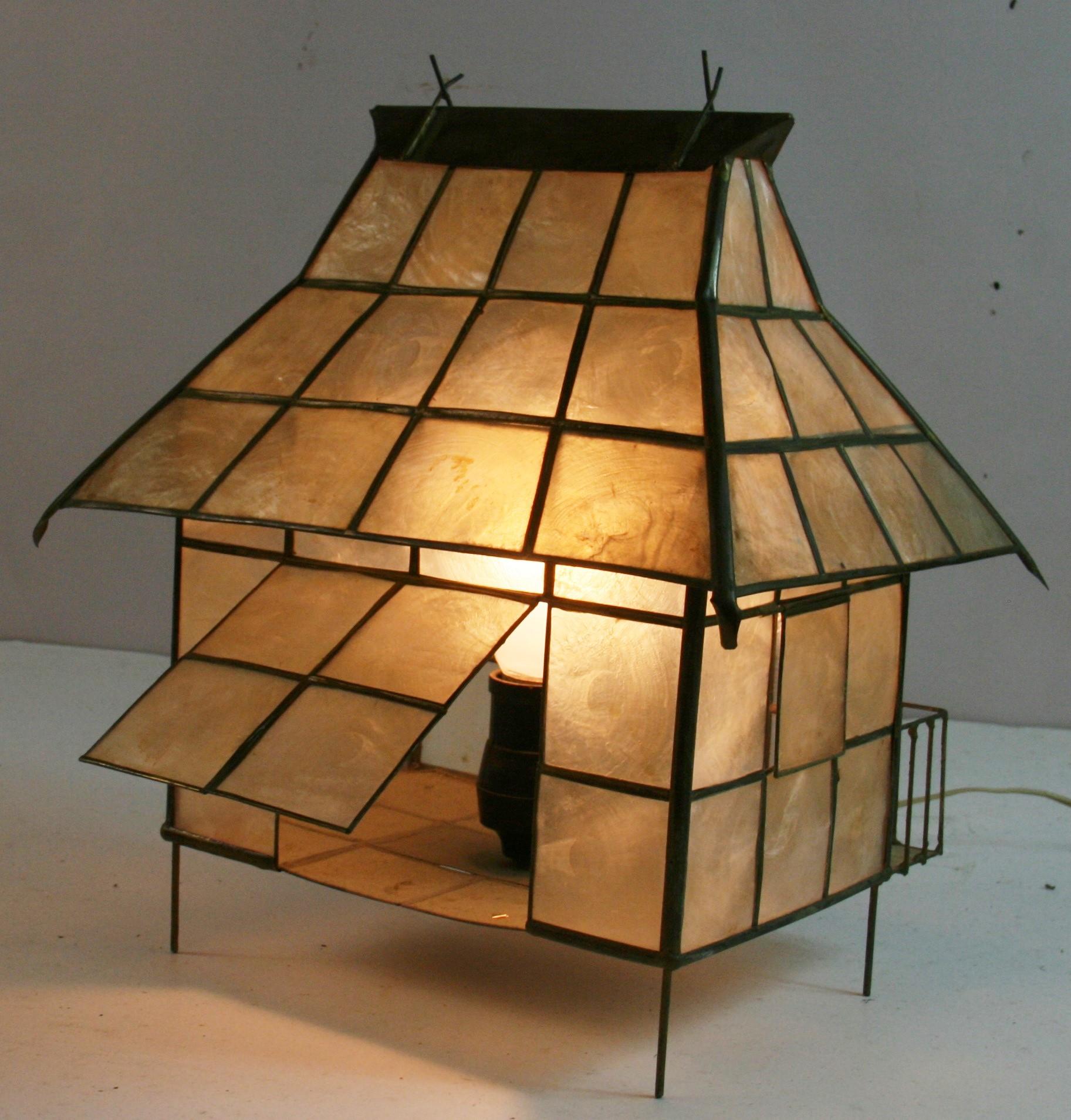 Folk Art Capiz Shell and Brass Cabin Shaped Table Lamp 2