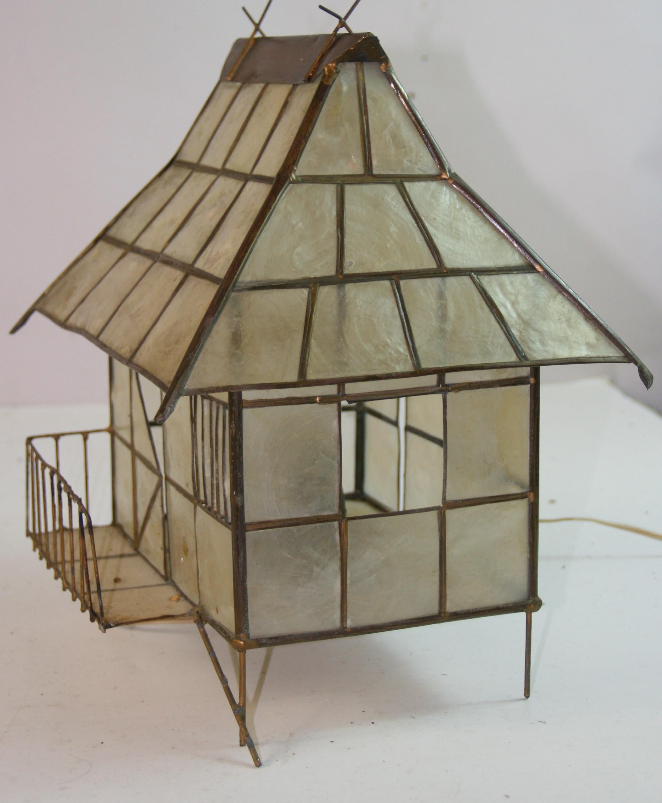 Folk Art Capiz Shell and Brass Cabin Shaped Table Lamp 3