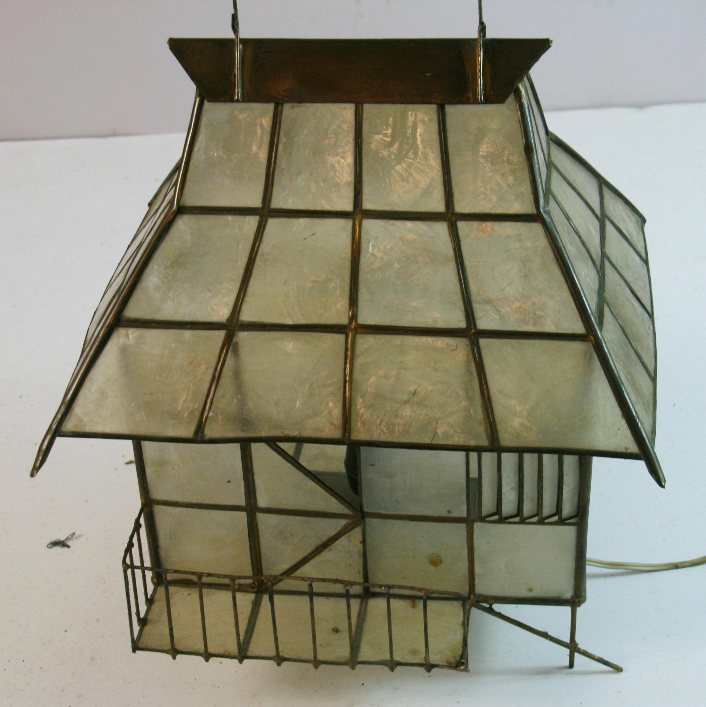 Folk Art Capiz Shell and Brass Cabin Shaped Table Lamp 4