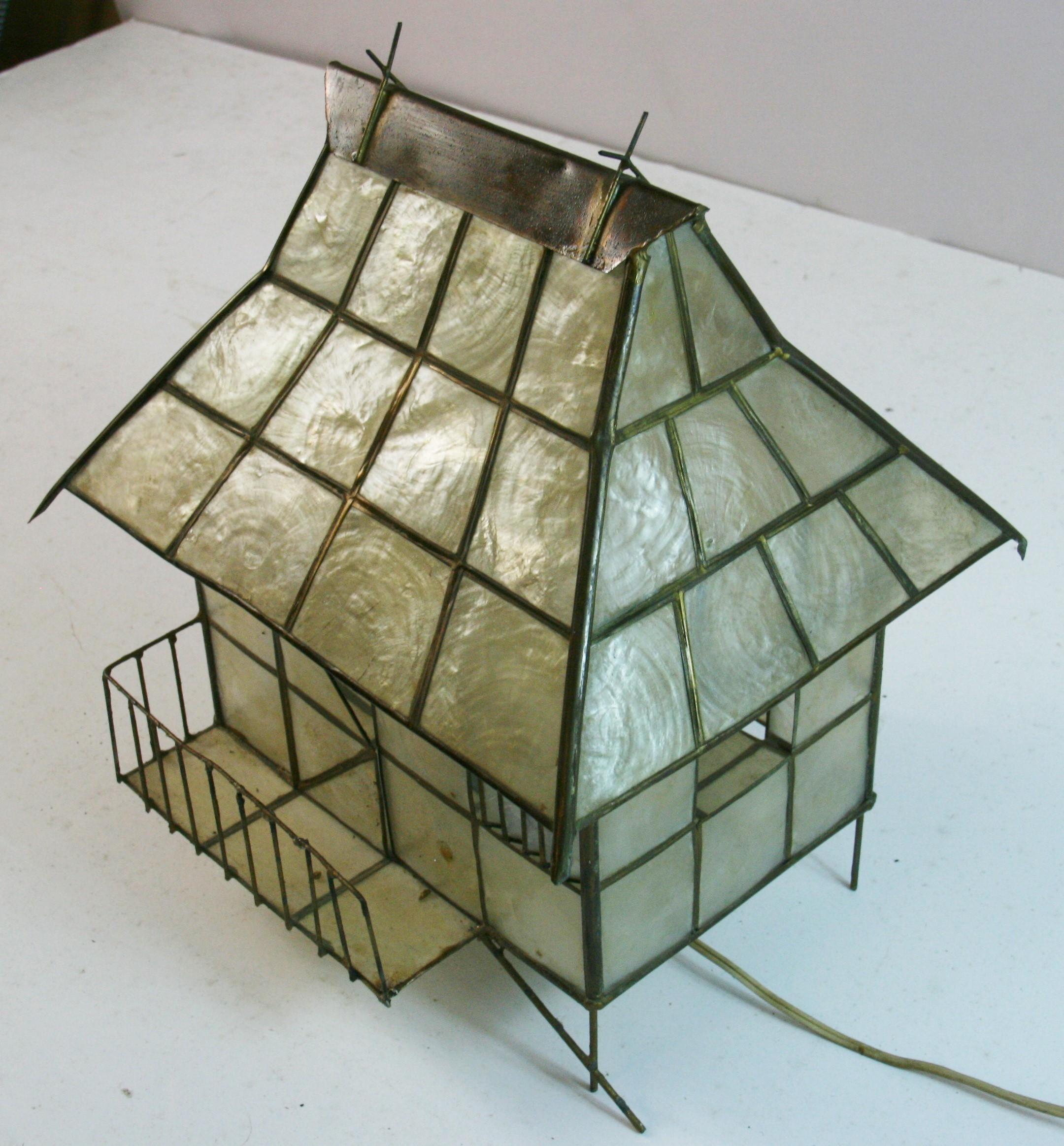 Folk Art Capiz Shell and Brass Cabin Shaped Table Lamp 5