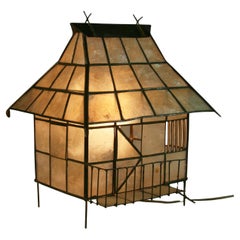 Folk Art Capiz Shell and Brass Cabin Shaped Table Lamp