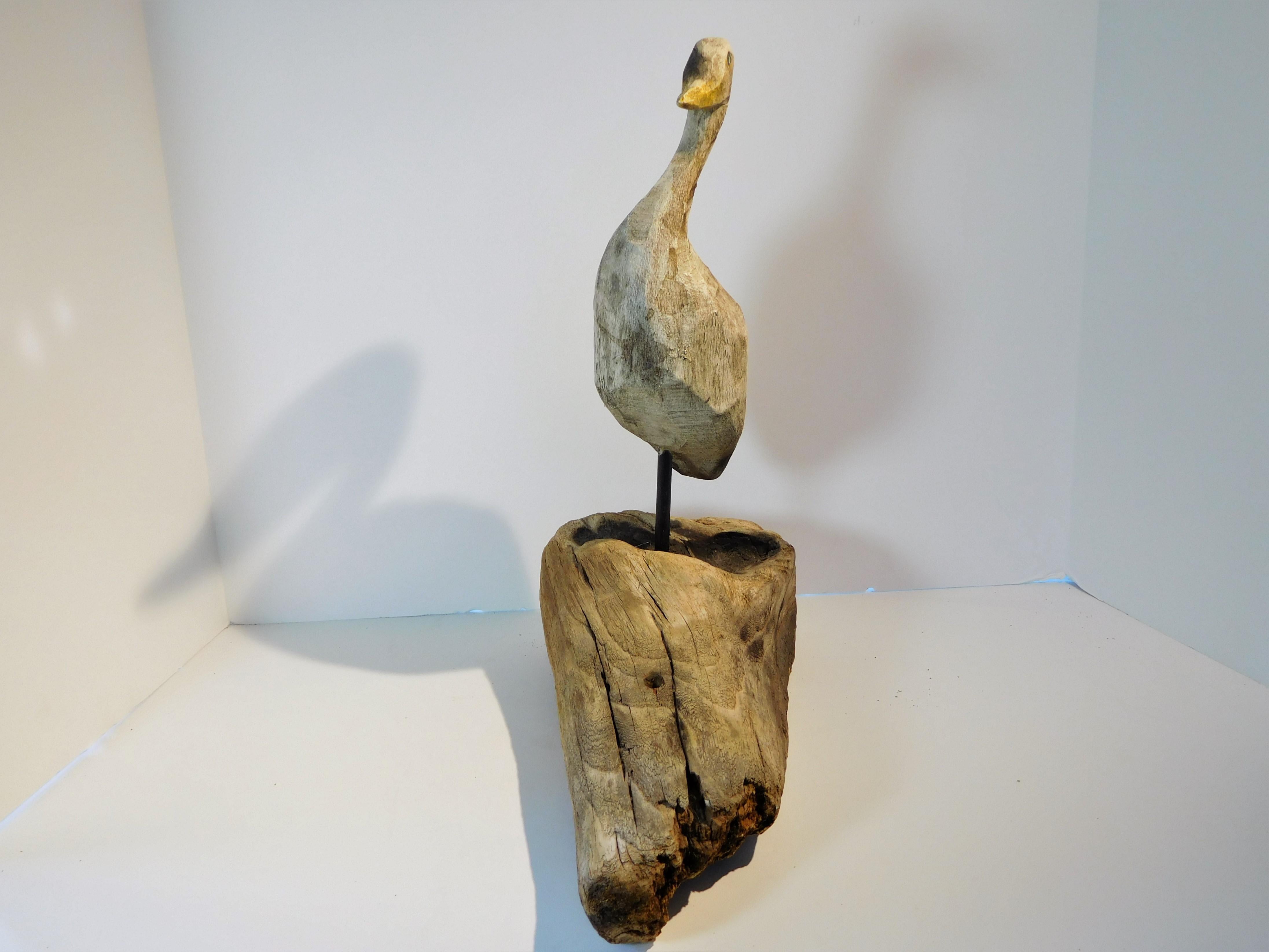This endearing, life-like shore bird decoy is hand carved and painted. It is mounted on an iron rod and supported by a driftwood base. The carving is sophisticated and realistic. The overall patina of the decoy and the driftwood base give this piece