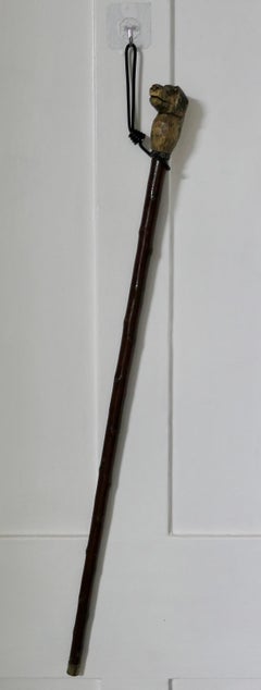 Folk Art Carved Dog Head Walking Stick  Good Cherry Wood Walking Stick