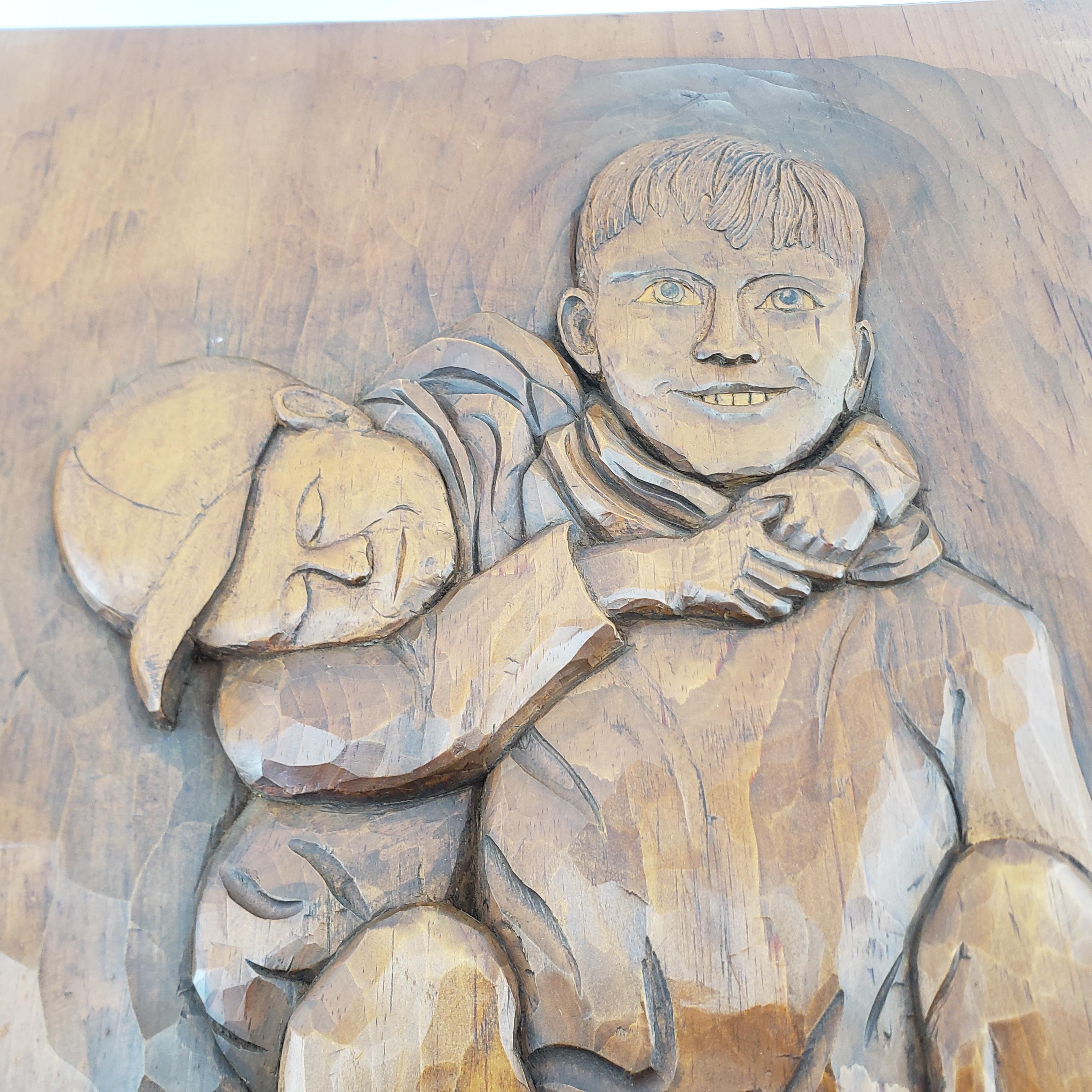 Oak Folk Art Carved Panel of Two Brothers Titled: 