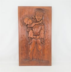 Folk Art Carved Panel of Two Brothers Titled: "He Ain't Heavy, He's My Brother"
