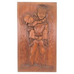 Folk Art Carved Panel of Two Brothers Titled: "He Ain't Heavy, He's My Brother"