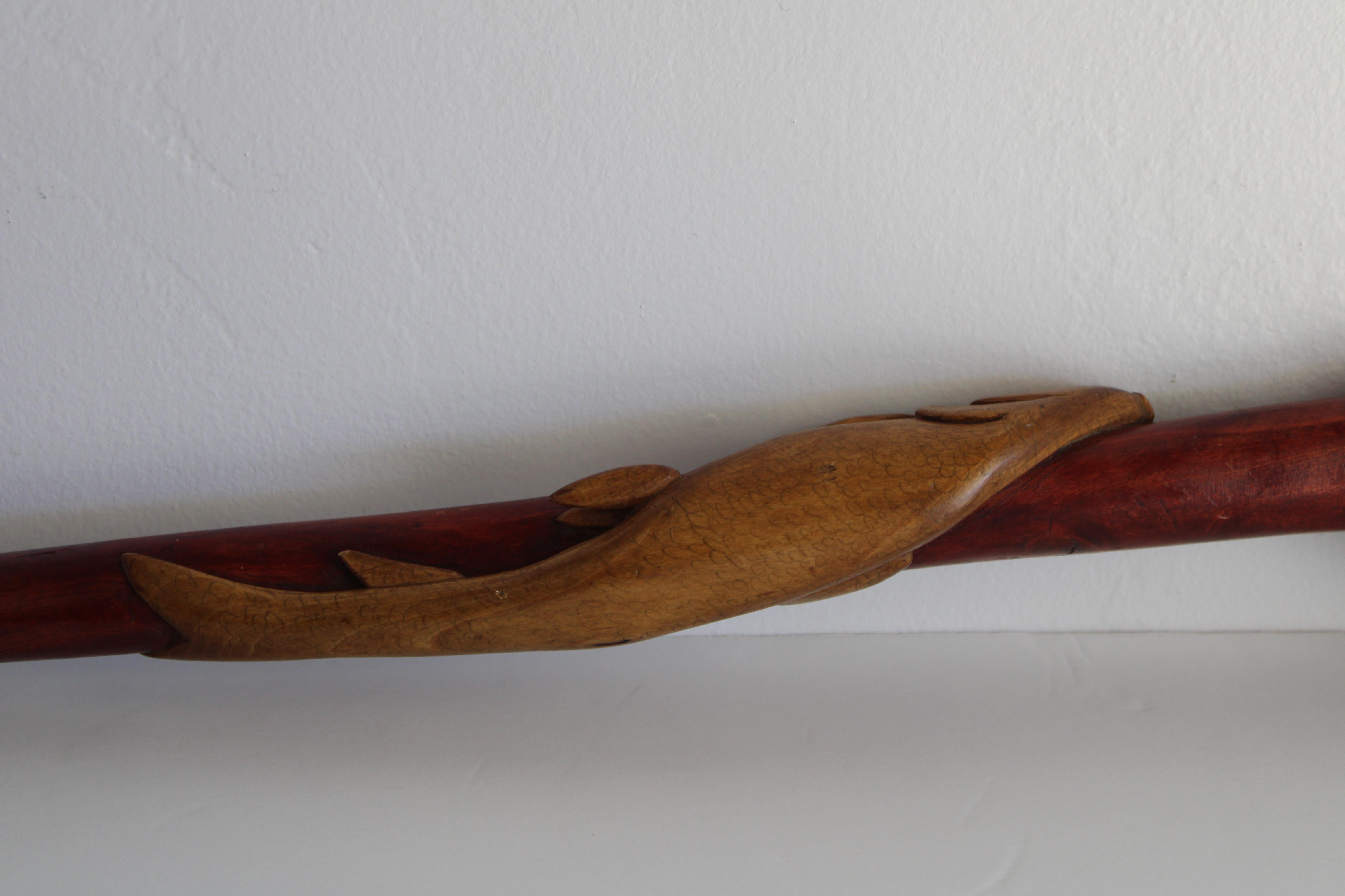 Mid-20th Century Folk Art Carved Walking Cane, Snakes and Fish For Sale