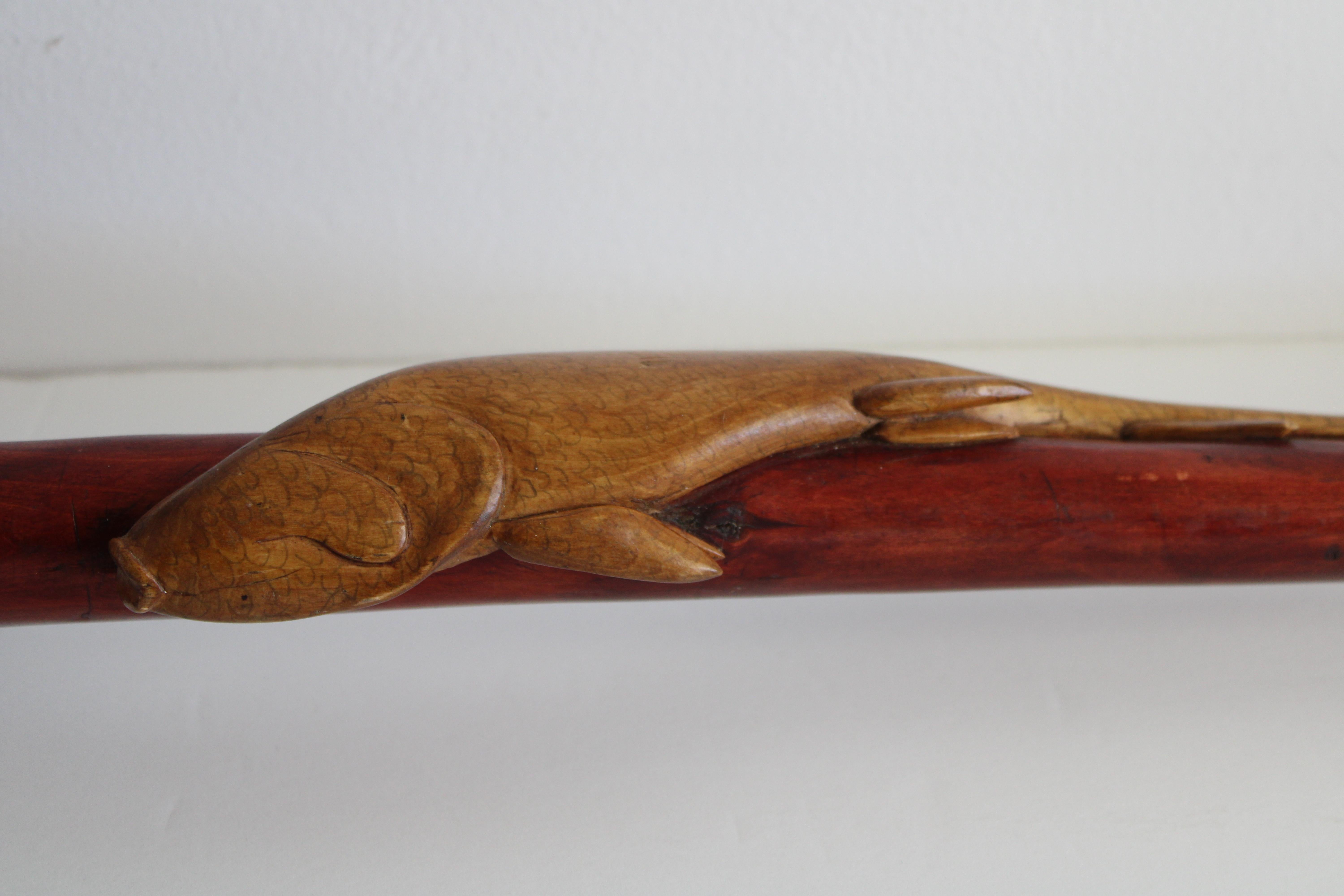 Wood Folk Art Carved Walking Cane, Snakes and Fish For Sale