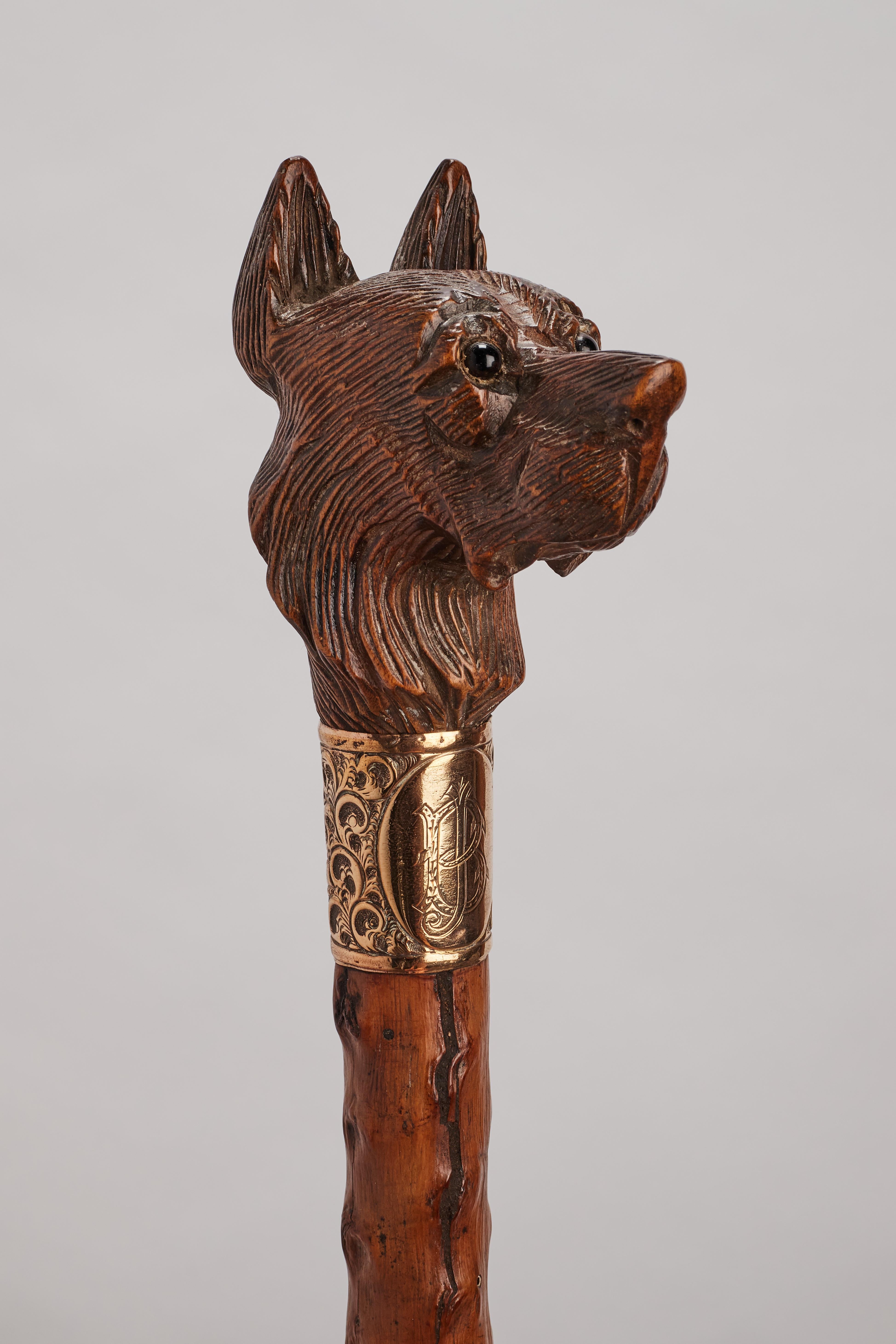 Austrian Folk art carved walking stick depicting a German Shepherd dog, Austria 1890. For Sale